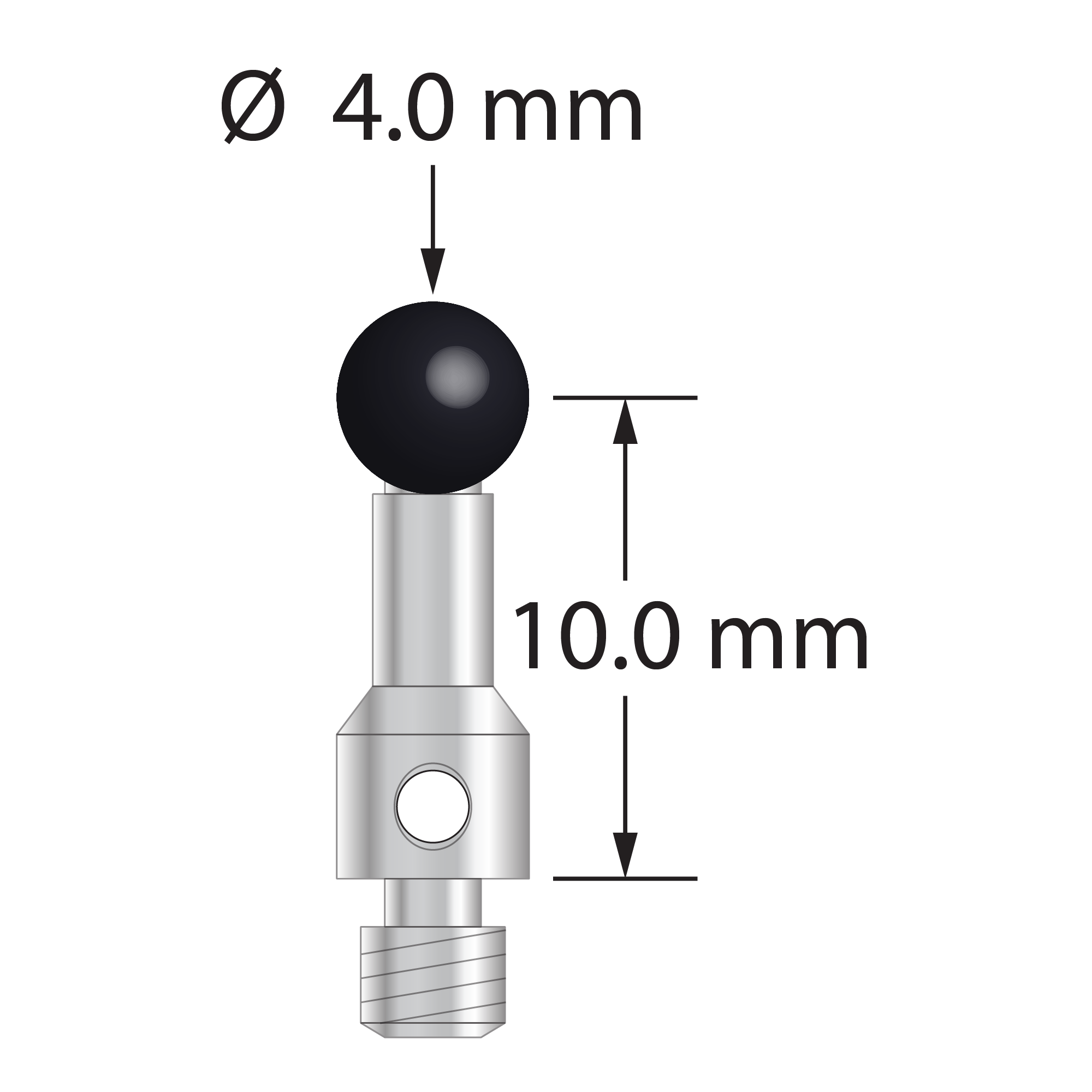M3 stylus for ROMER arm CMM with 4.0 mm diameter silicon nitride ball, 2.5 mm diameter stainless steel stem, and 4.0 mm diameter stainless steel base. Stylus length to ball center is 10.0 mm. Stylus weight is 1.04 grams.