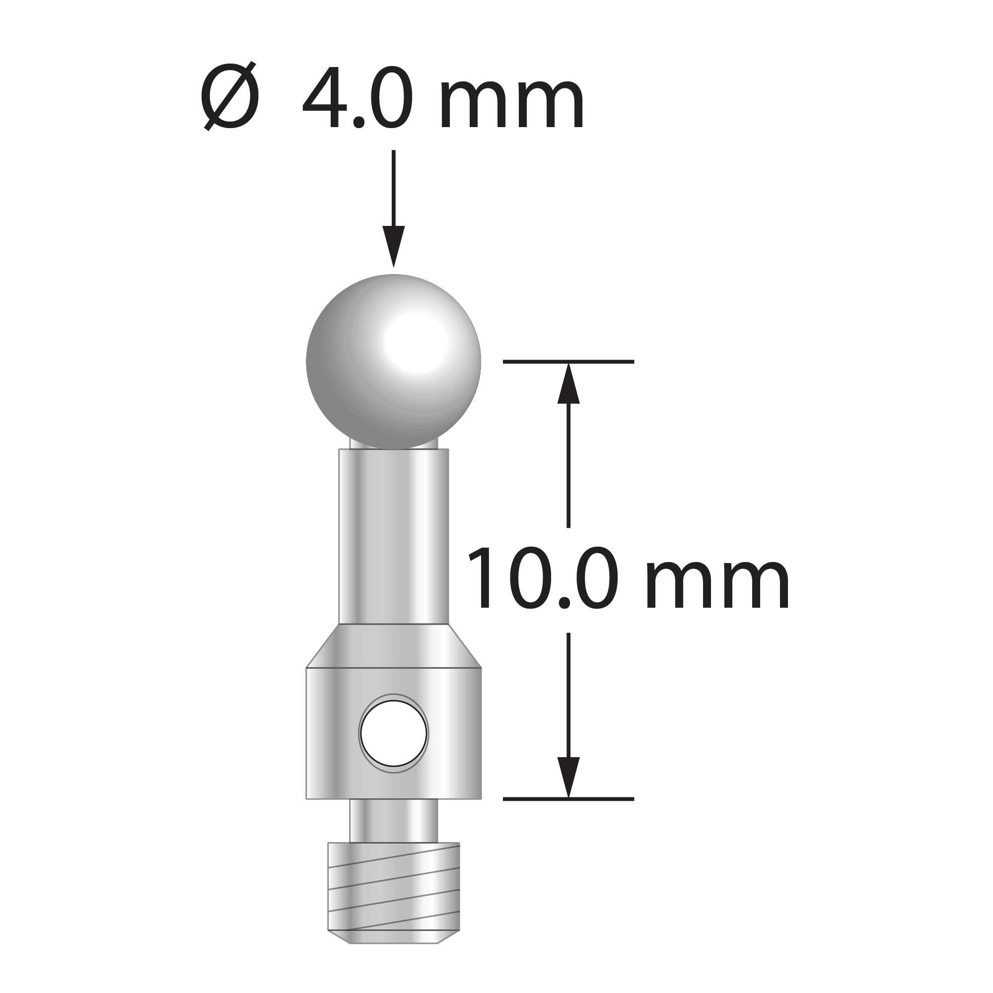 M3 stylus for ROMER arm CMM with 4.0 mm diameter zirconia ball, 2.5 mm diameter stainless steel stem, and 4.0 mm diameter stainless steel base. Stylus length to ball center is 10.0 mm. Stylus weight is 1.04 grams.