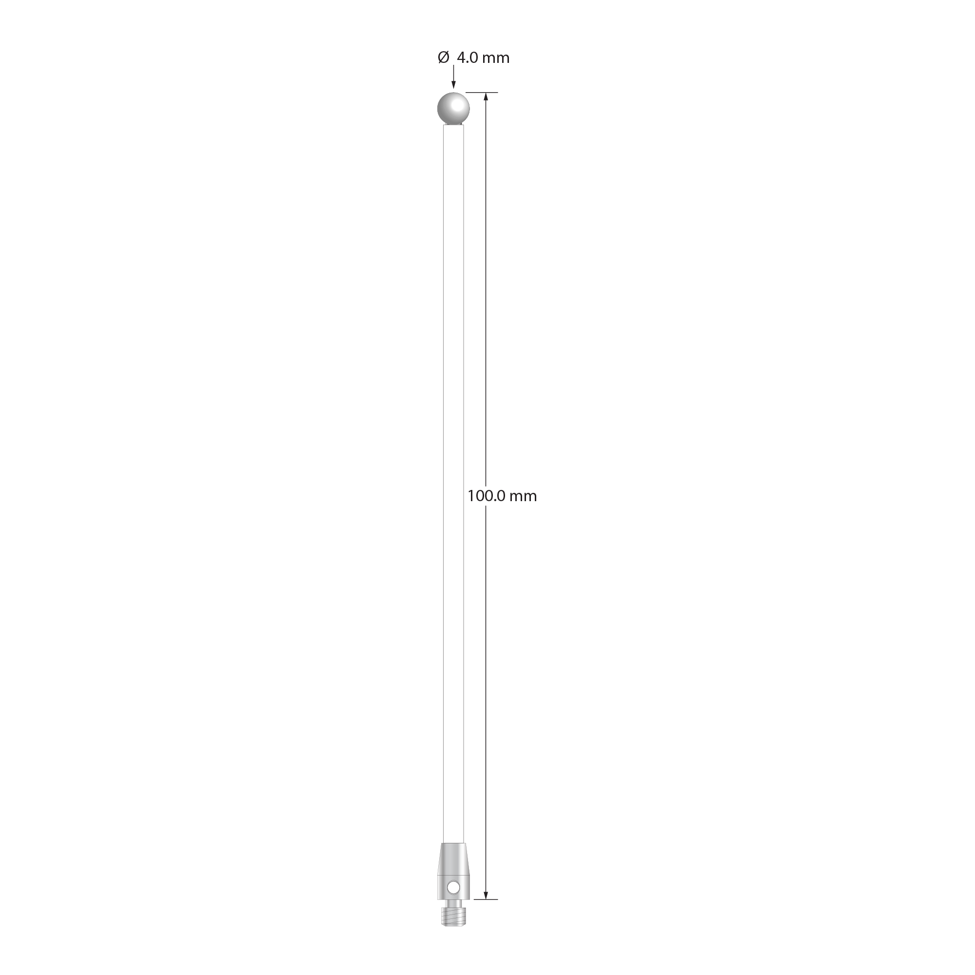 M3 stylus with 4.0 mm diameter zirconia ball, 2.5 mm diameter ceramic shaft, and 4.0 mm diameter x 7.0 mm long stainless steel base. Overall stylus length is 100.0 mm. Stylus weight is 2.31 grams.