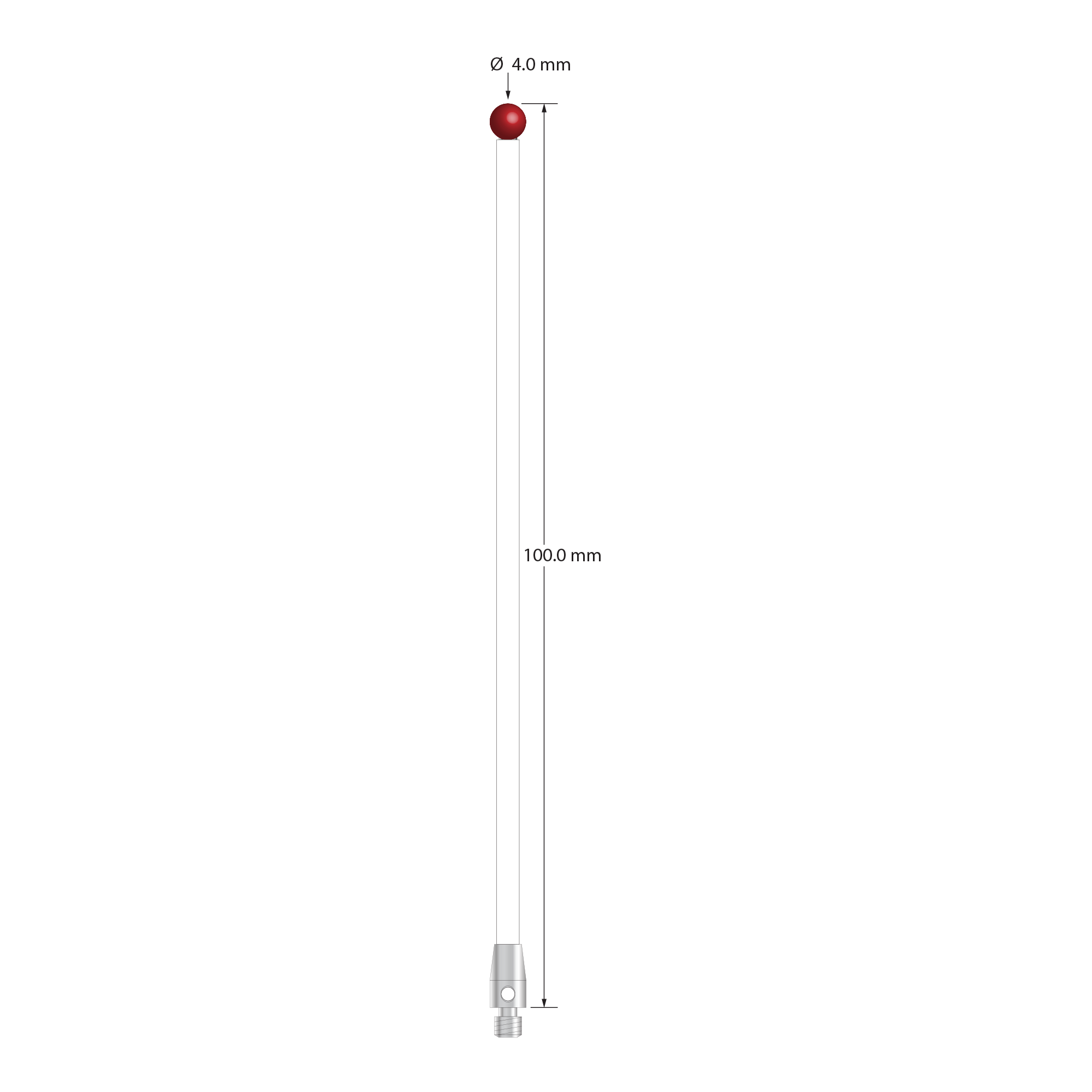 M3 stylus with 4.0 mm diameter ruby ball, 2.5 mm diameter ceramic shaft, and 4.0 mm diameter x 7.0 mm long stainless steel base. Overall stylus length is 100.0 mm. Stylus weight is 2.31 grams.