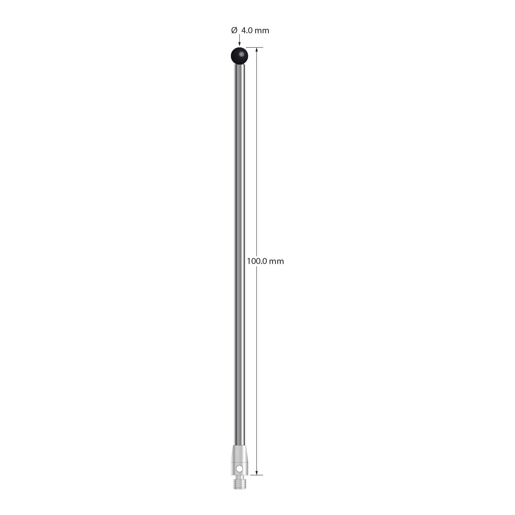 M3 stylus with 4.0 mm silicon nitride ball, 2.5 mm diameter carbide stem, and 4.0 mm diameter x 7.0 mm long stainless steel base. Overall stylus length is 100.0 mm. Stylus weight is 7.08 grams.