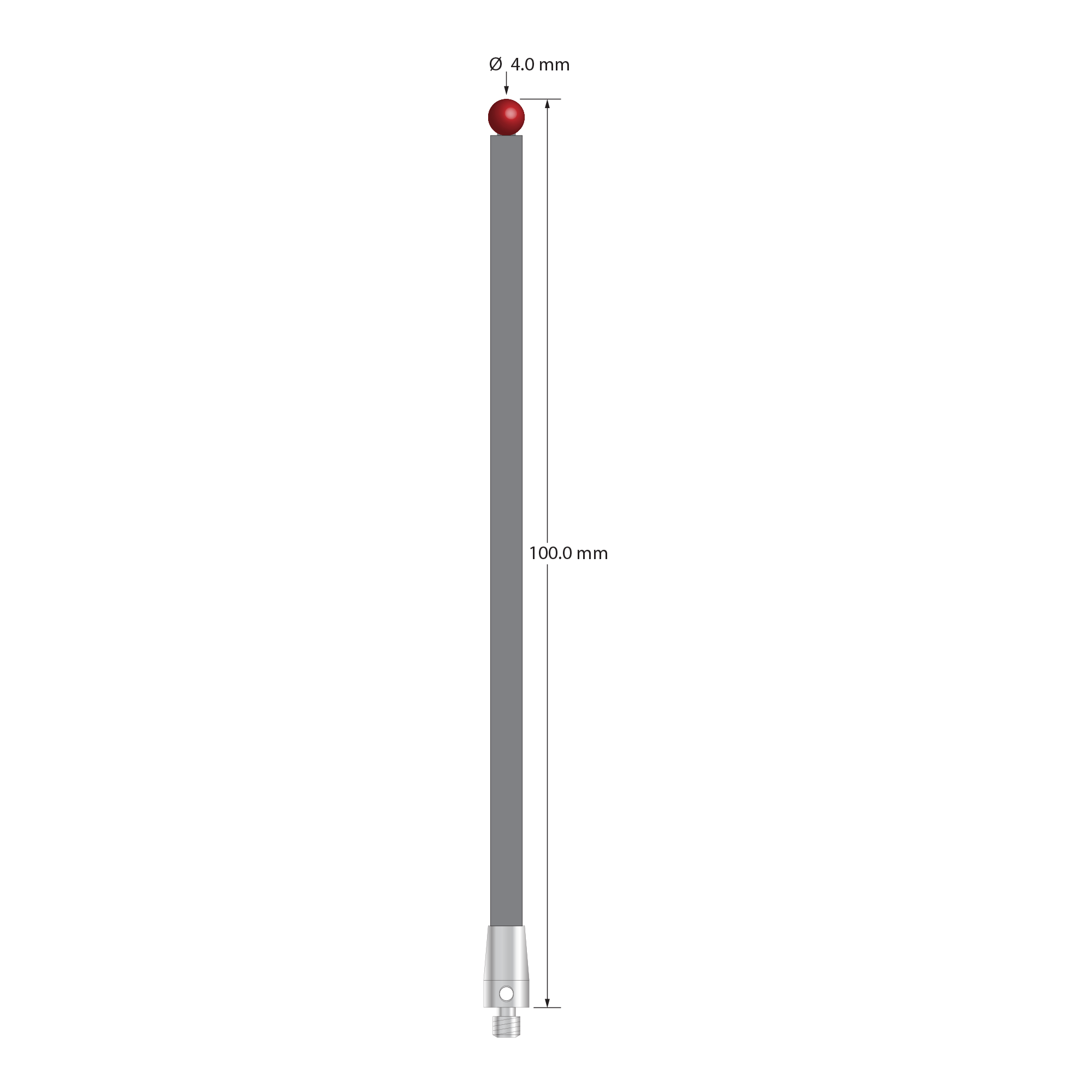 M3 XXT stylus with 4.0 mm diameter ruby ball, 3.0 mm diameter carbon fiber stem, and 5.0 mm diameter x 9.0 mm long titanium base. Overall stylus length is 100.0 mm. Stylus weight is 1.54 grams. Compare to Zeiss 626103-0400-100.