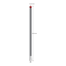 M3 XXT stylus with 4.0 mm diameter ruby ball, 3.0 mm diameter carbon fiber stem, and 5.0 mm diameter x 9.0 mm long titanium base. Overall stylus length is 100.0 mm. Stylus weight is 1.54 grams. Compare to Zeiss 626103-0400-100.