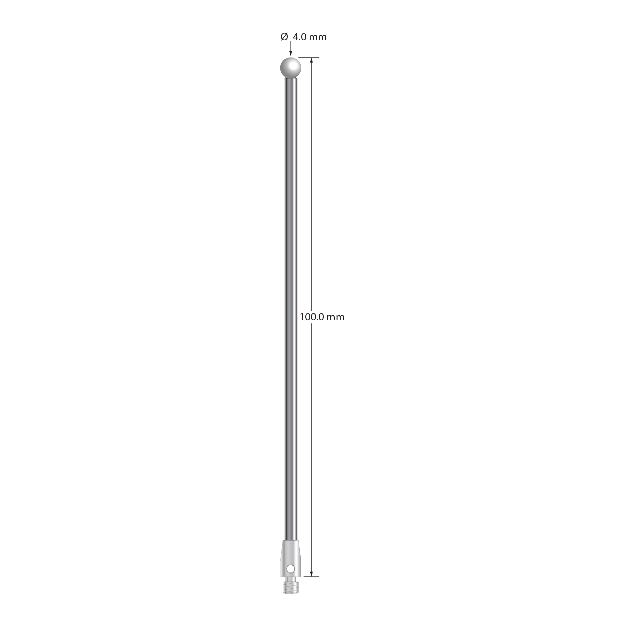M3 stylus with 4.0 mm zirconia ball, 2.5 mm diameter carbide stem, and 4.0 mm diameter x 7.0 mm long stainless steel base. Overall stylus length is 100.0 mm. Stylus weight is 7.08 grams.