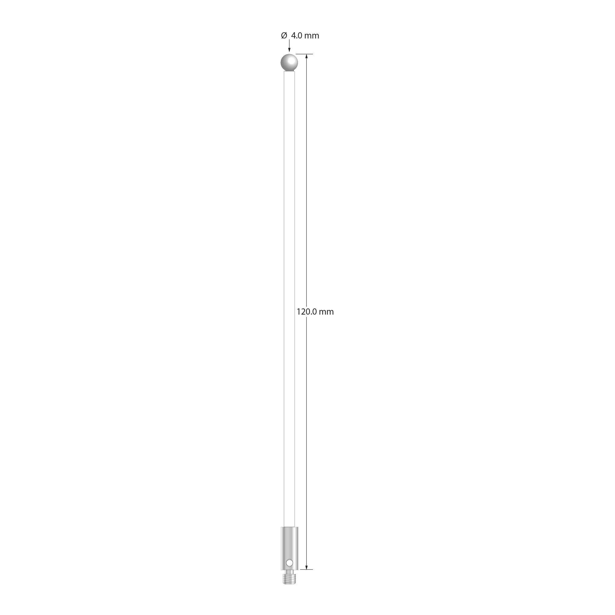 M3 stylus with 4.0 mm diameter zirconia ball, 2.5 mm diameter ceramic stem, and 4.0 mm diameter x 10.0 mm long stainless steel base. Overall stylus length is 120.0 mm. Stylus weight is 2.68 grams.