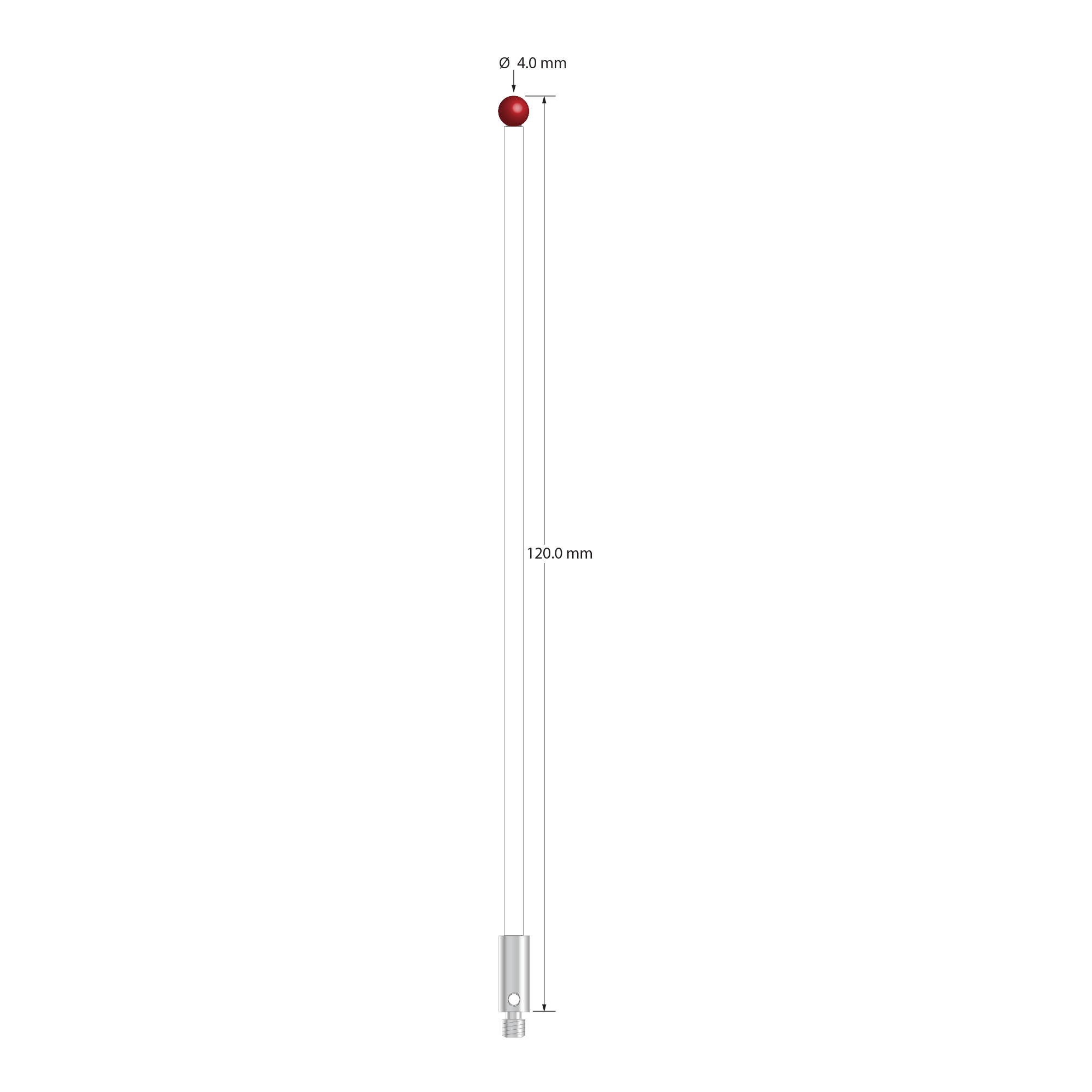 M3 stylus with 4.0 mm diameter ruby ball, 2.5 mm diameter ceramic stem, and 4.0 mm diameter x 10.0 mm long stainless steel base. Overall stylus length is 120.0 mm. Stylus weight is 2.68 grams.