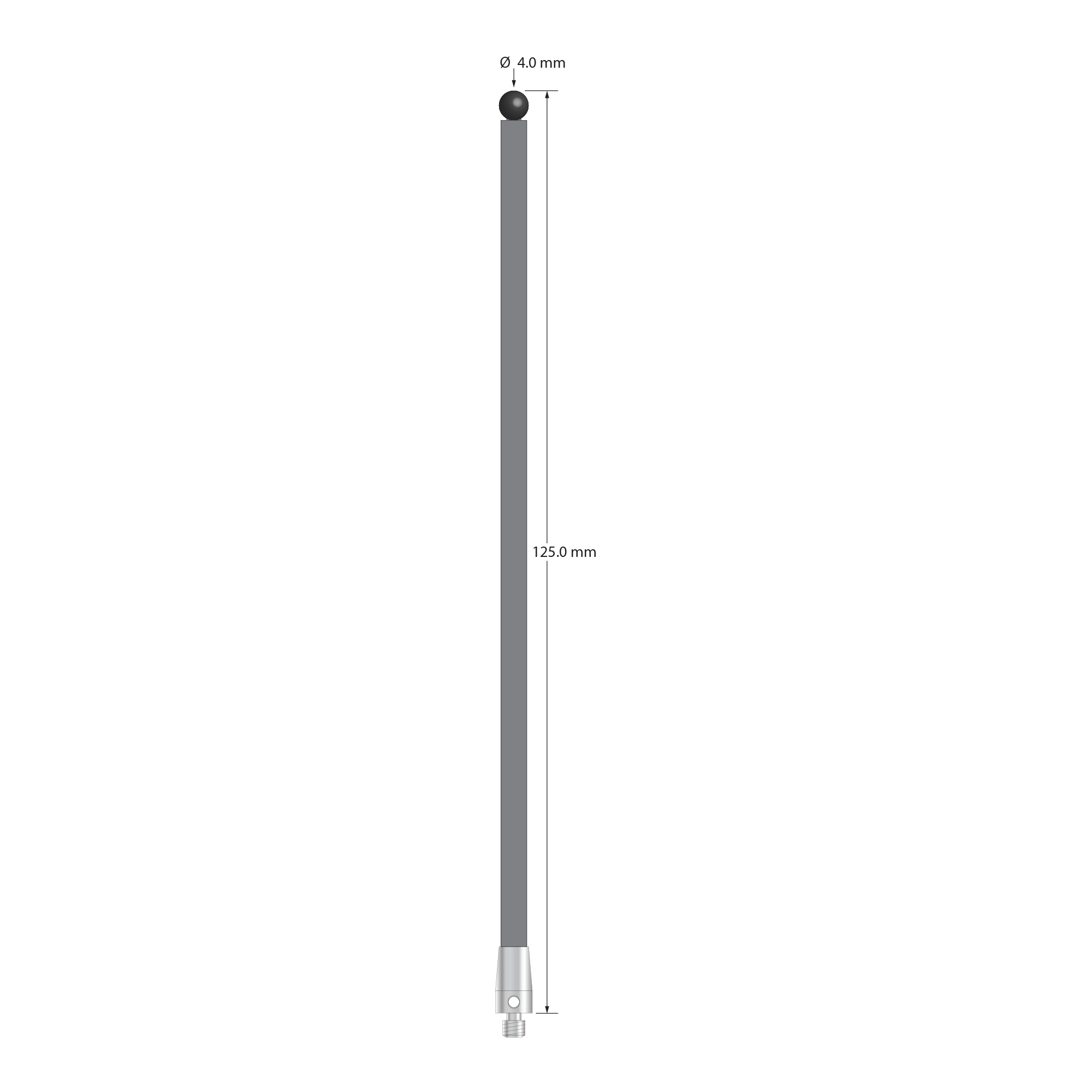 M3 XXT stylus with 4.0 mm diameter ruby ball, 3.5 mm diameter carbon fiber stem, and 5.0 mm diameter x 9.0 mm long titanium base. Overall stylus length is 125.0 mm. Stylus weight is 2.28 grams. Compare to Zeiss 626103-0400-125.