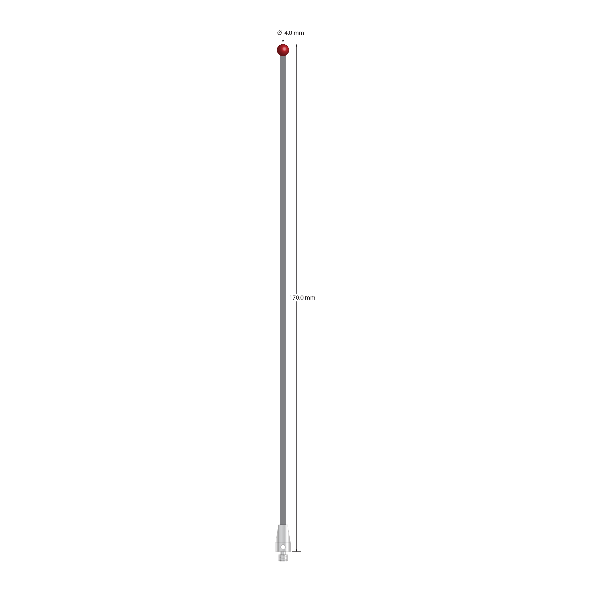 M3 XXT stylus with 4.0 mm diameter ruby ball, 2.0 mm diameter carbon fiber stem, and 5.0 mm diameter x 9.0 mm long titanium base. Overall stylus length is 170.0 mm. Stylus weight is 1.34 grams. Compare to Zeiss 626103-0400-170.