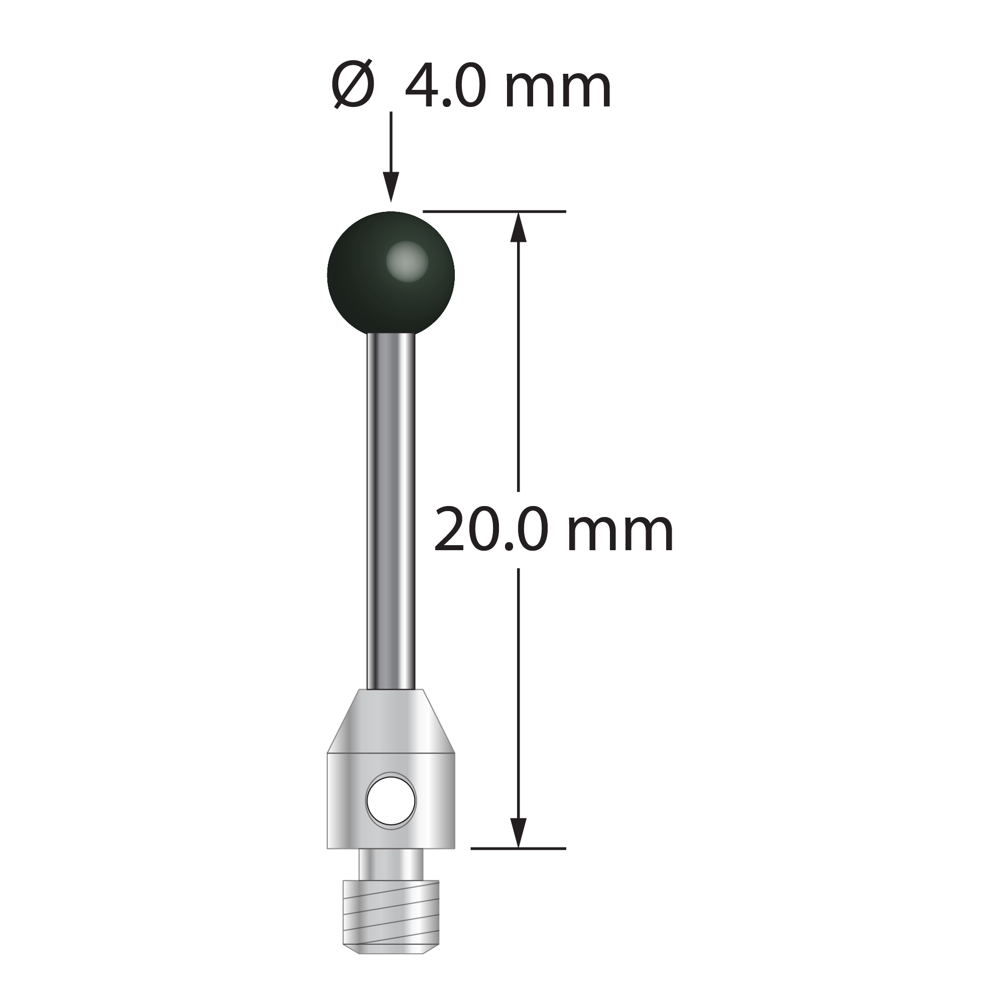 M3 stylus with 4.0 mm silicon nitride ball, 2.0 mm diameter carbide stem, and 4.0 mm diameter x 5.0 mm long stainless steel base. Overall stylus length is 20.0 mm. Stylus weight is 1.25 grams.