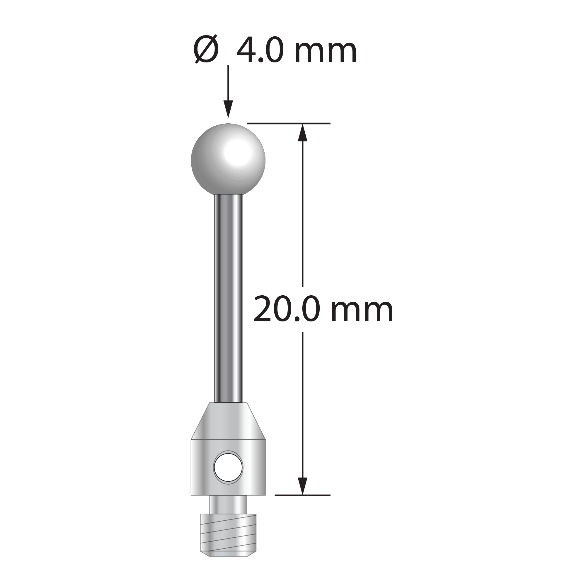M3 stylus with 4.0 mm zirconia ball, 2.0 mm diameter carbide stem, and 4.0 mm diameter x 5.0 mm long stainless steel base. Overall stylus length is 20.0 mm. Stylus weight is 1.25 grams.