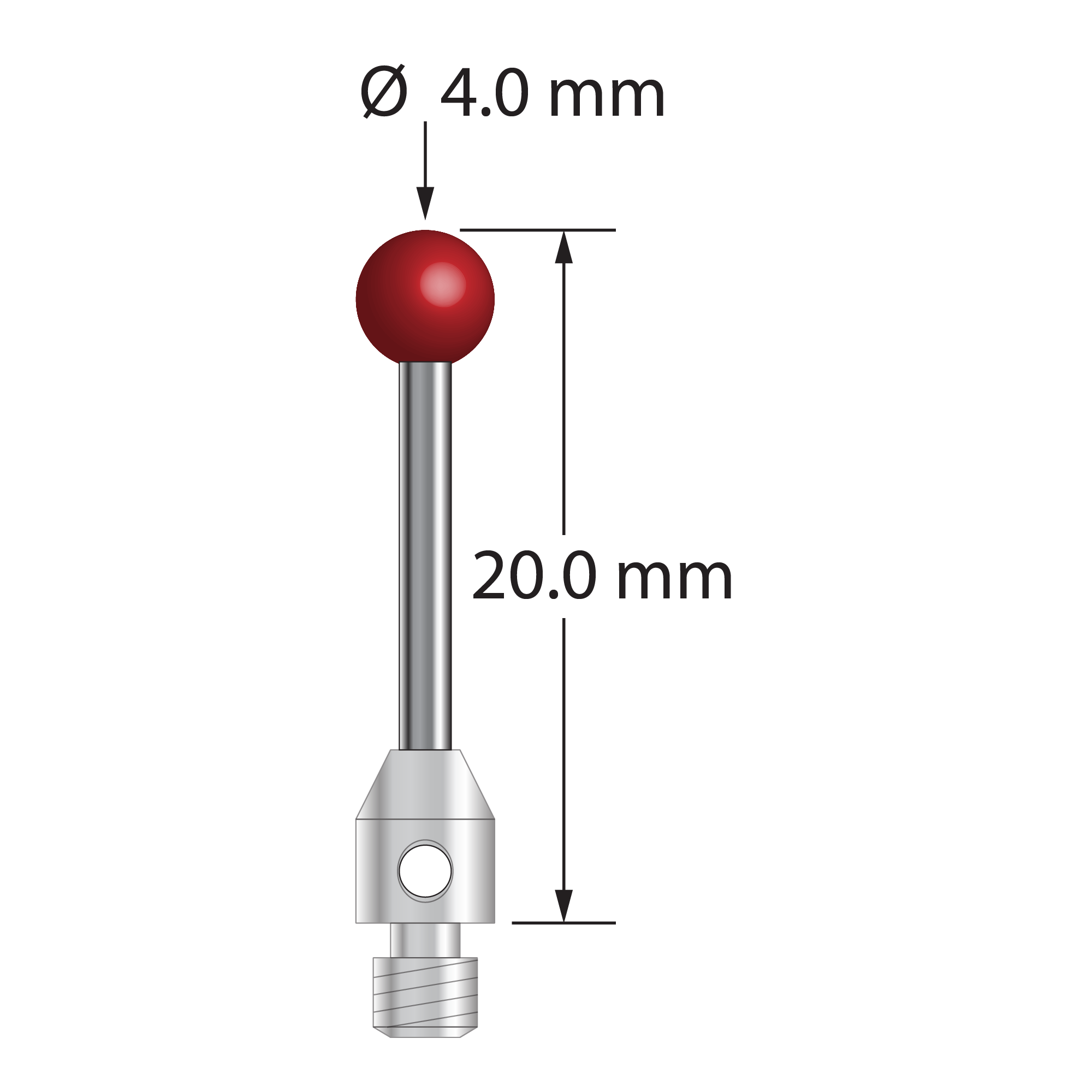 M3 stylus with 4.0 mm ruby ball, 2.0 mm diameter carbide stem, and 4.0 mm diameter x 5.0 mm long stainless steel base. Overall stylus length is 20.0 mm. Stylus weight is 1.25 grams.