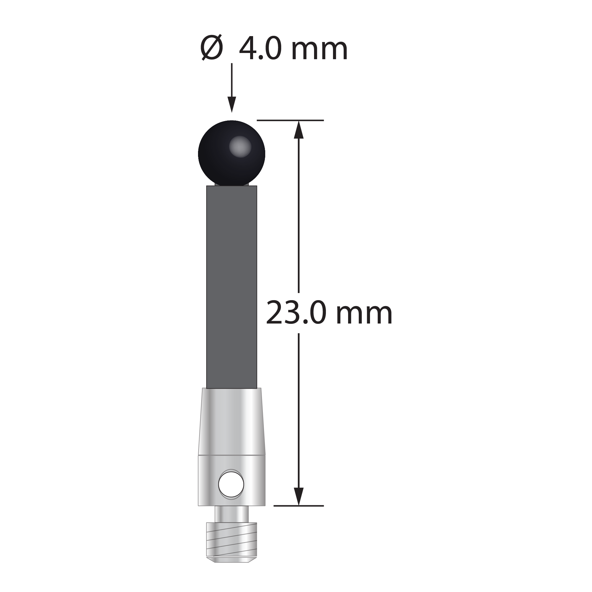 M3 stylus with 4.0 mm diameter silicon nitride ball, 3.0 mm diameter carbon fiber stem, and 4.0 mm diameter x 7.0 mm long stainless steel base. Overall stylus length is 23.0 mm. Stylus weight is 0.71 gram. Compare to Renishaw A-5003-5977.