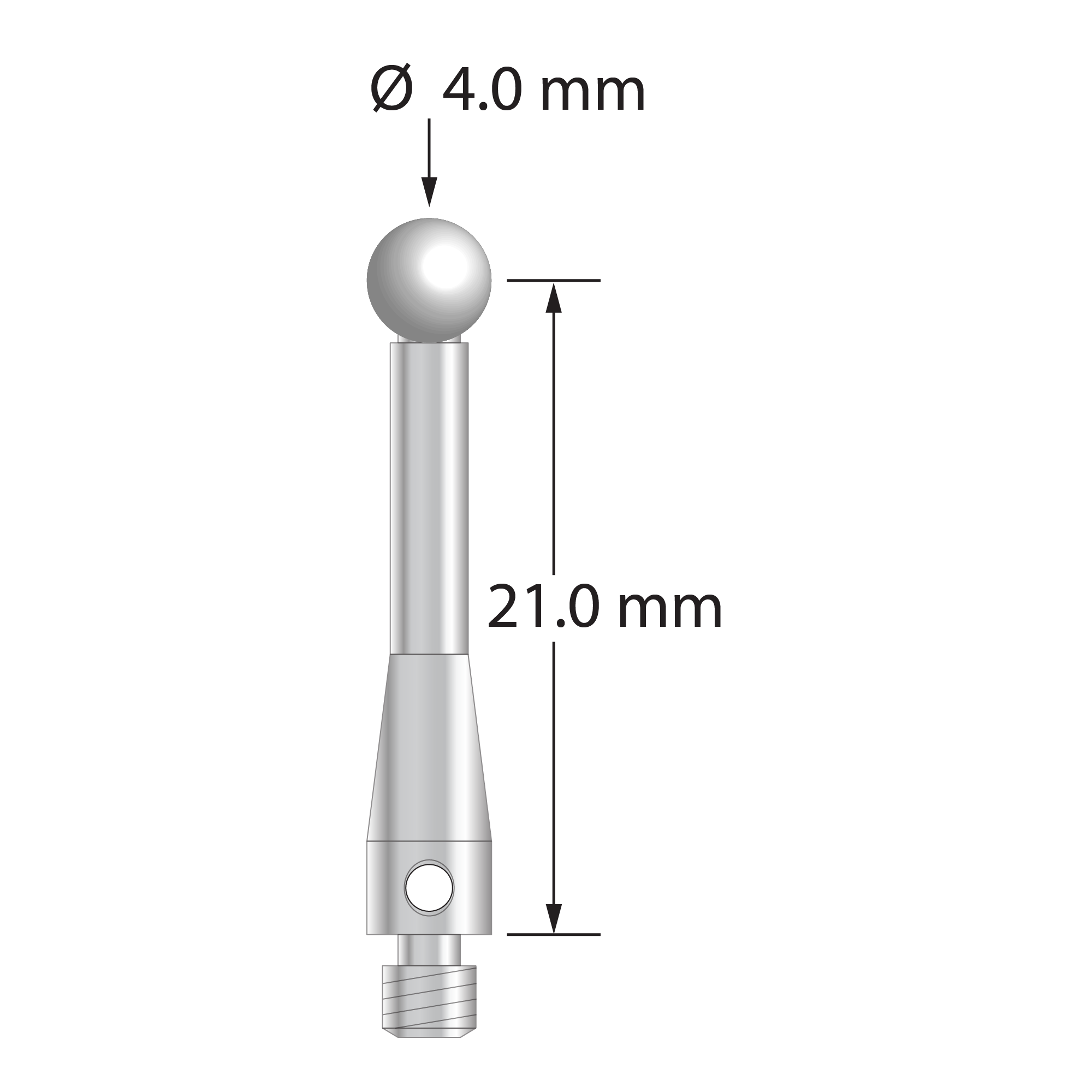 M3 stylus with 4.0 mm diameter zirconia ball, 2.5 mm diameter stainless steel stem, and 4.0 mm diameter x 9.0 mm long stainless steel base. Stylus length to ball center is 21.0 mm. Weight is 1.60 grams.
