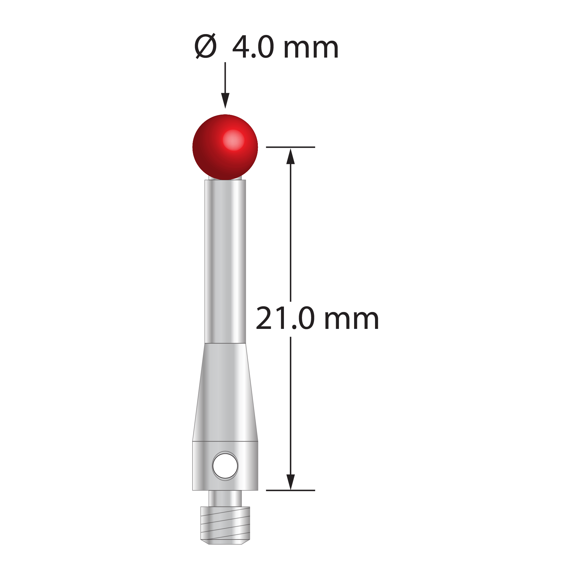 M3 stylus with 4.0 mm diameter silicon nitride ball, 2.5 mm diameter stainless steel stem, and 4.0 mm diameter x 9.0 mm long stainless steel base. Stylus length to ball center is 21.0 mm. Weight is 1.60 grams. Compare to Renishaw A-5000-7606 and Mitutoyo 651149.