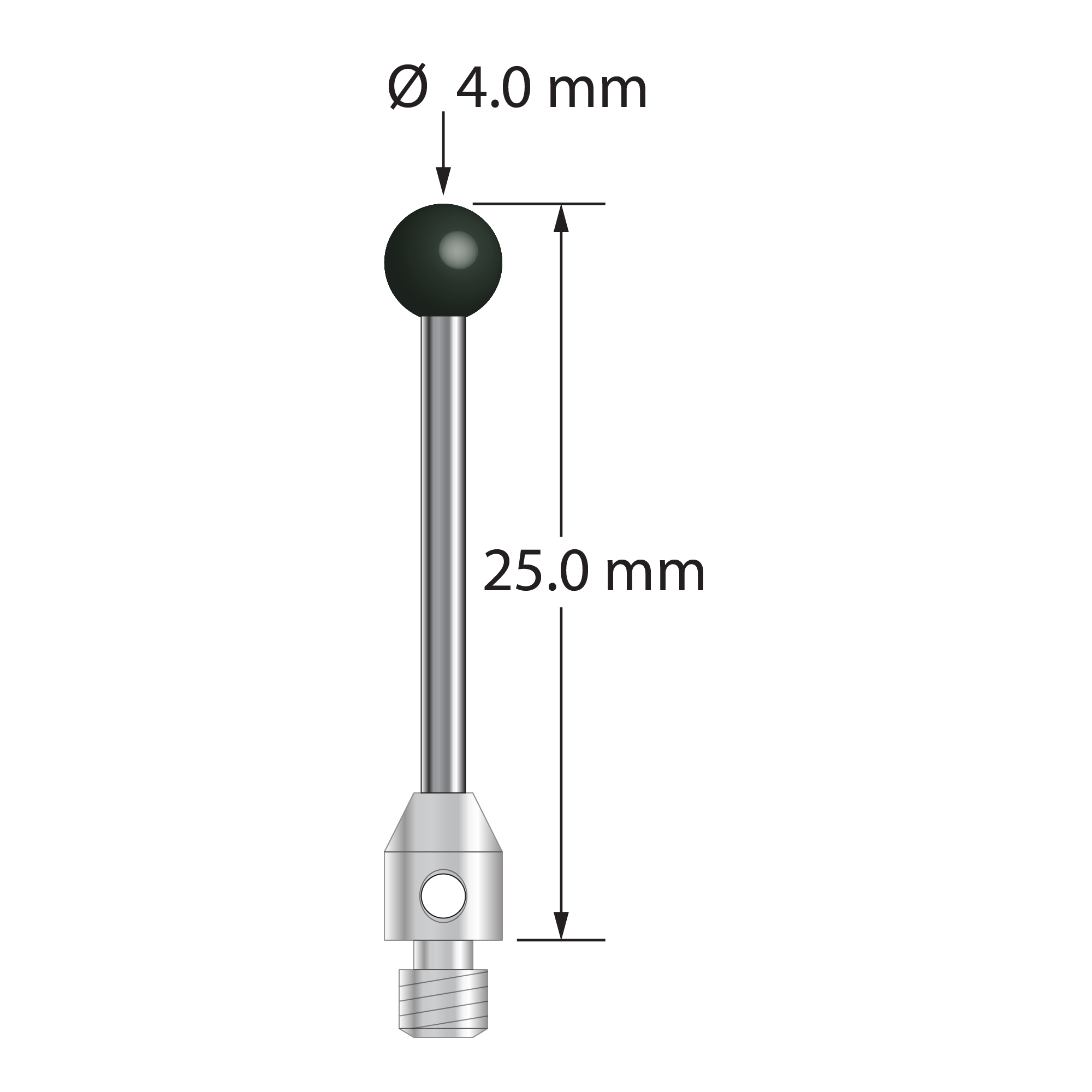M3 stylus with 4.0 mm silicon nitride ball, 2.0 mm diameter carbide stem, and 4.0 mm diameter x 7.0 mm long stainless steel base. Overall stylus length is 25.0 mm. Stylus weight is 1.48 grams.