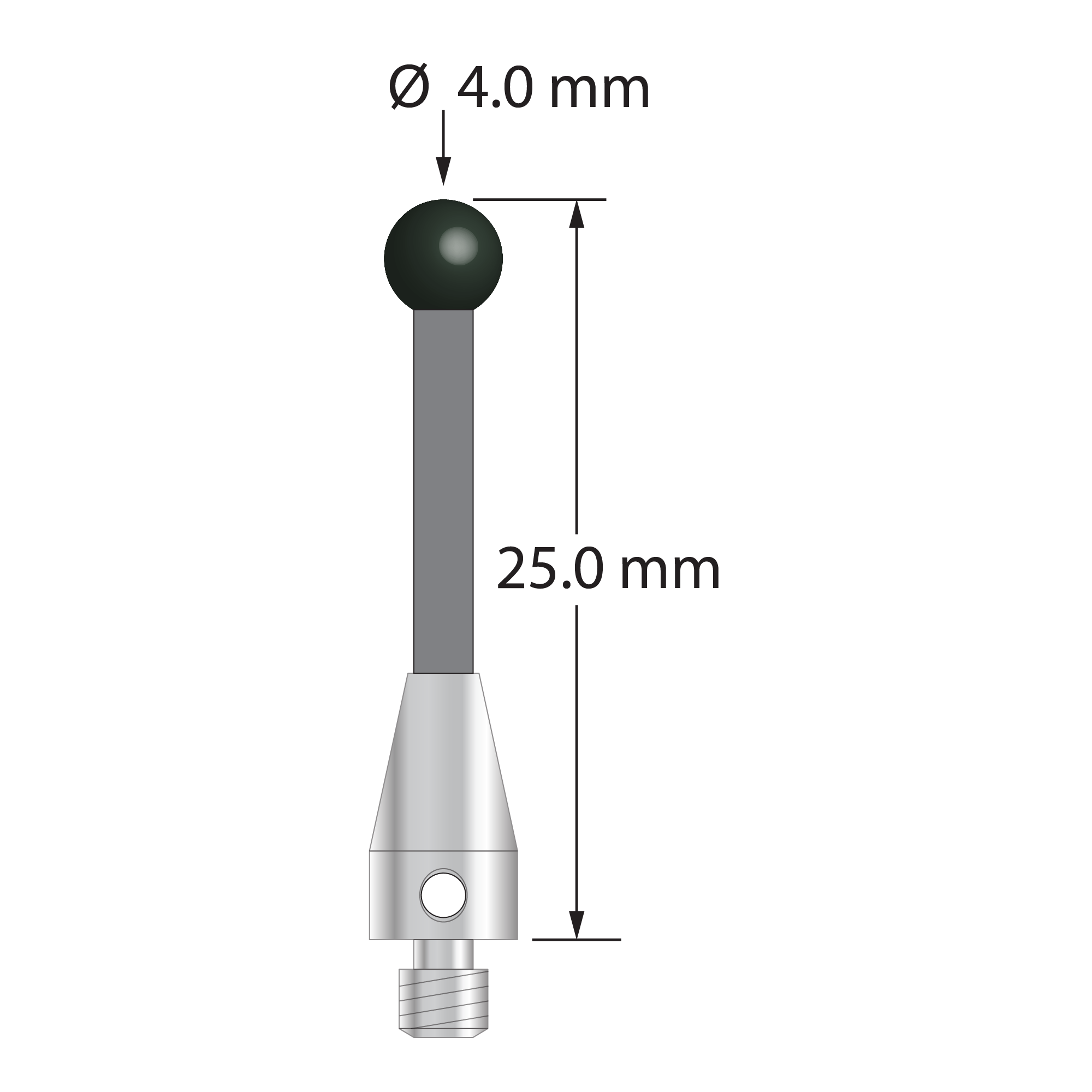 M3 stylus with 4.0 mm diameter silicon nitride ball, 2.0 mm diameter carbon fiber stem, and 5.0 mm diameter x 9.0 mm long titanium base. Overall stylus length is 25.0 mm. Stylus weight is 0.61 gram.