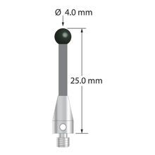 M3 stylus with 4.0 mm diameter silicon nitride ball, 2.0 mm diameter carbon fiber stem, and 5.0 mm diameter x 9.0 mm long titanium base. Overall stylus length is 25.0 mm. Stylus weight is 0.61 gram.