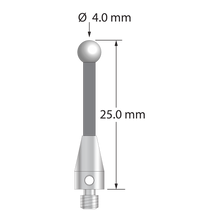 M3 stylus with 4.0 mm diameter zirconia ball, 2.0 mm diameter carbon fiber stem, and 5.0 mm diameter x 9.0 mm long titanium base. Overall stylus length is 25.0 mm. Stylus weight is 0.61 gram.