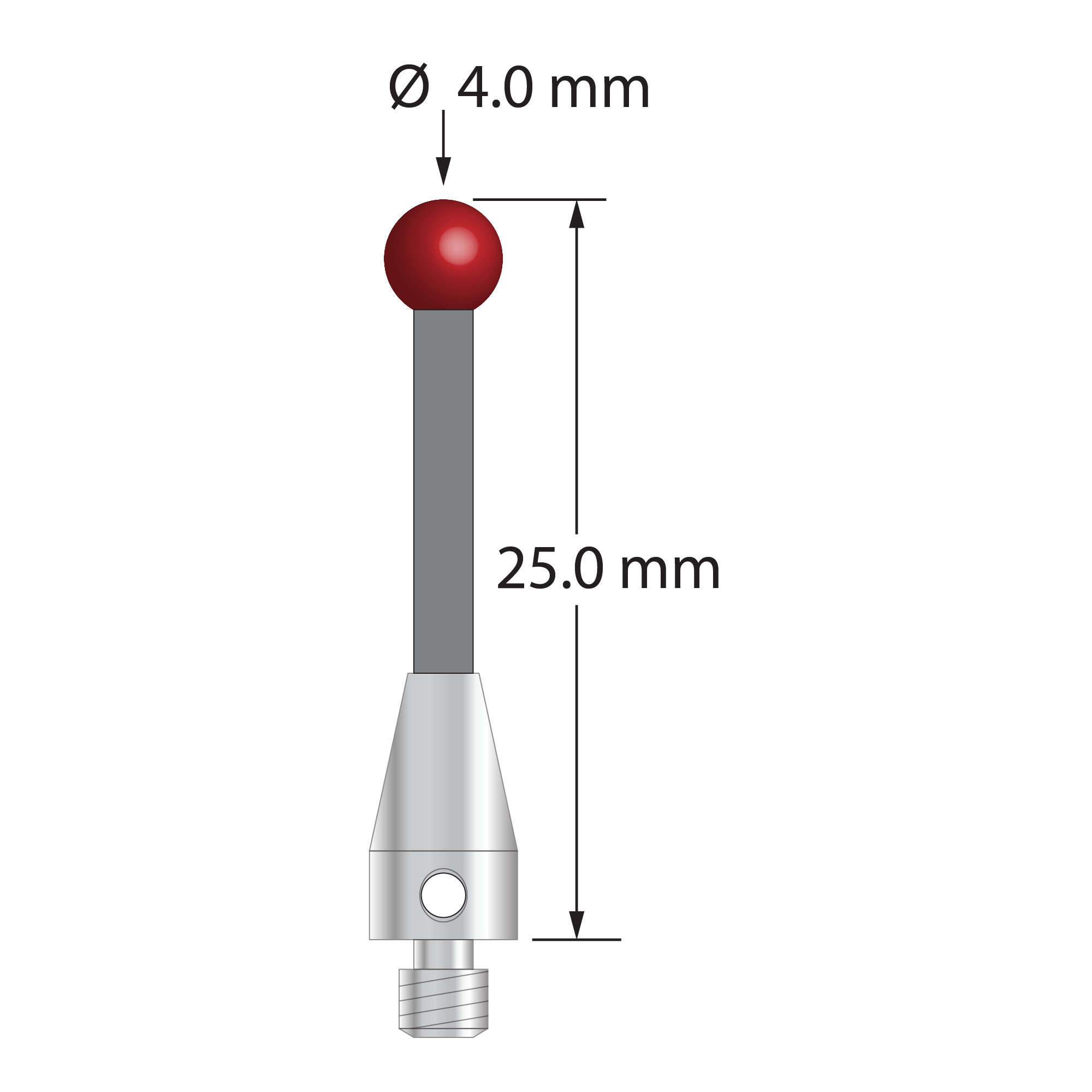 M3 stylus with 4.0 mm diameter ruby ball, 2.0 mm diameter carbon fiber stem, and 5.0 mm diameter x 9.0 mm long titanium base. Overall stylus length is 25.0 mm. Stylus weight is 0.61 gram.