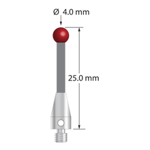M3 stylus with 4.0 mm diameter ruby ball, 2.0 mm diameter carbon fiber stem, and 5.0 mm diameter x 9.0 mm long titanium base. Overall stylus length is 25.0 mm. Stylus weight is 0.61 gram.