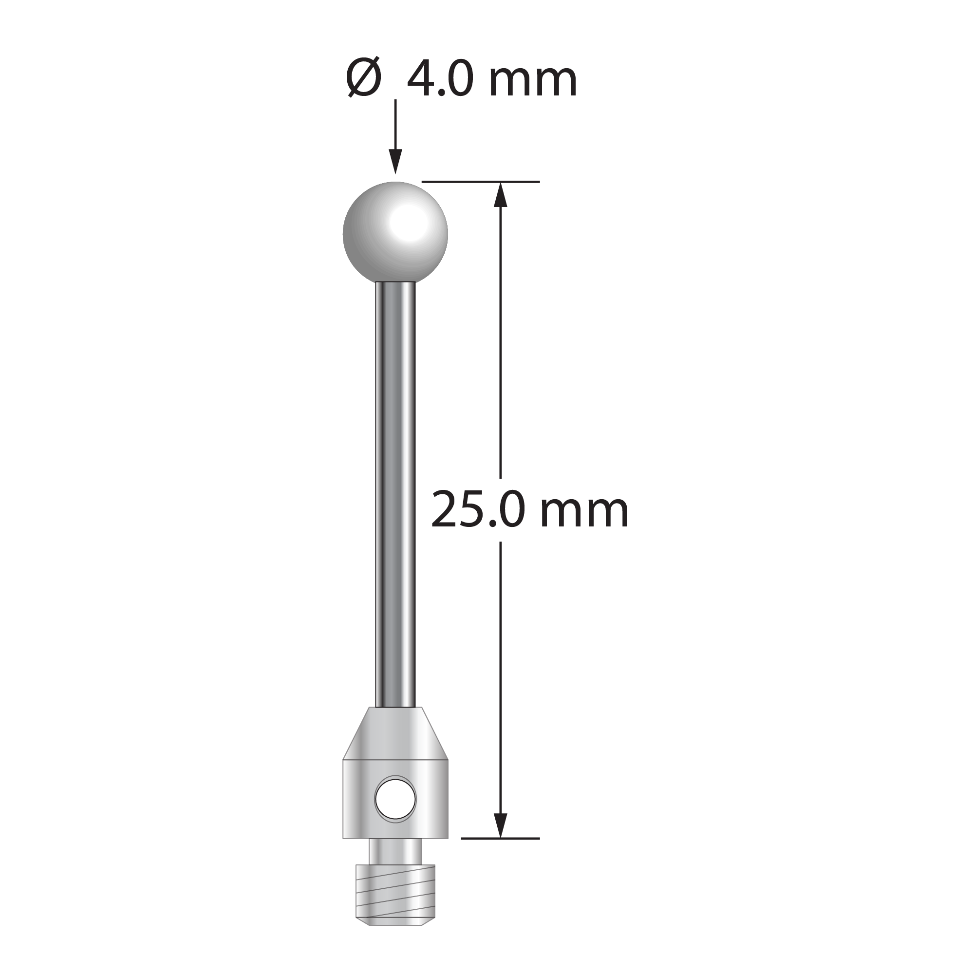 M3 stylus with 4.0 mm zirconia ball, 2.0 mm diameter carbide stem, and 4.0 mm diameter x 7.0 mm long stainless steel base. Overall stylus length is 25.0 mm. Stylus weight is 1.48 grams.
