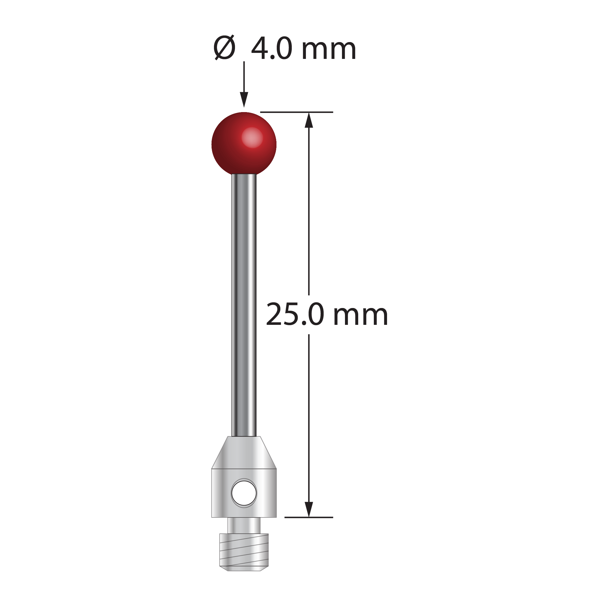 M3 stylus with 4.0 mm ruby ball, 2.0 mm diameter carbide stem, and 4.0 mm diameter x 7.0 mm long stainless steel base. Overall stylus length is 25.0 mm. Stylus weight is 1.48 grams.