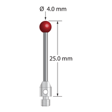 M3 stylus with 4.0 mm ruby ball, 2.0 mm diameter carbide stem, and 4.0 mm diameter x 7.0 mm long stainless steel base. Overall stylus length is 25.0 mm. Stylus weight is 1.48 grams.