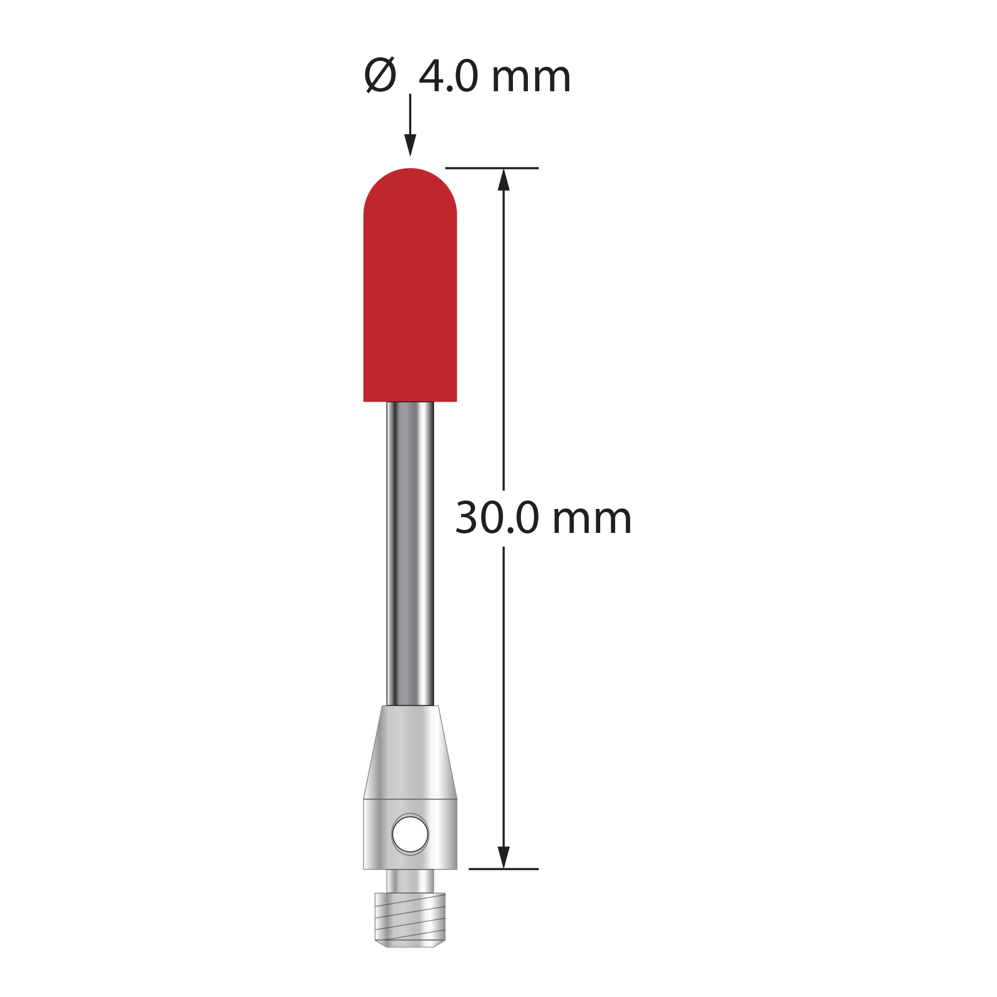 M3 cylinder stylus with 4.0 mm diameter x 10.0 mm long ruby cylinder, 2.0 mm diameter carbide stem, and 4.0 mm diameter x 7.0 mm long stainless steel base. Overall stylus length is 30.0 mm. Stylus weight is 1.75 gram.