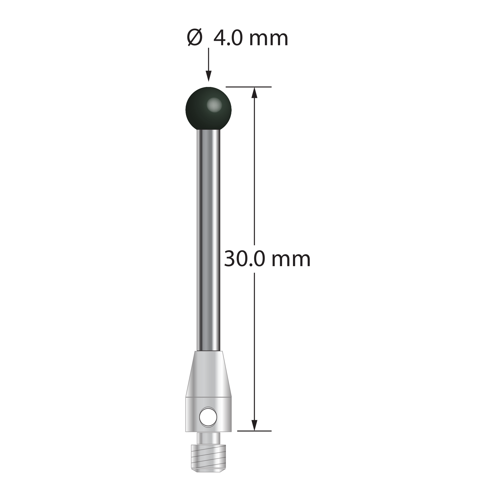 M3 stylus with 4.0 mm silicon nitride ball, 2.0 mm diameter carbide stem, and 4.0 mm diameter x 7.0 mm long stainless steel base. Overall stylus length is 30.0 mm. Stylus weight is 1.71 grams.