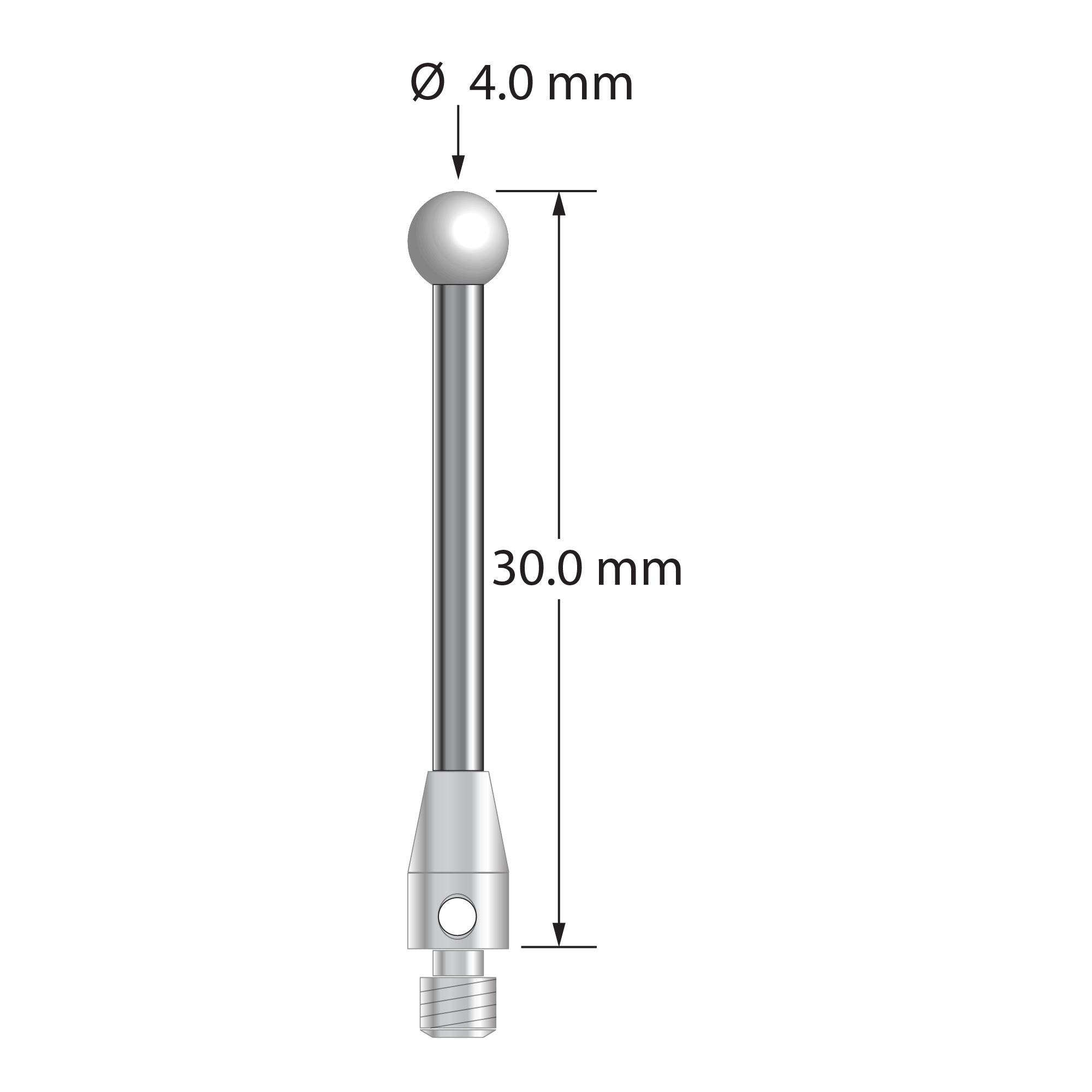 M3 stylus with 4.0 mm zirconia ball, 2.0 mm diameter carbide stem, and 4.0 mm diameter x 7.0 mm long stainless steel base. Overall stylus length is 30.0 mm. Stylus weight is 1.71 grams.