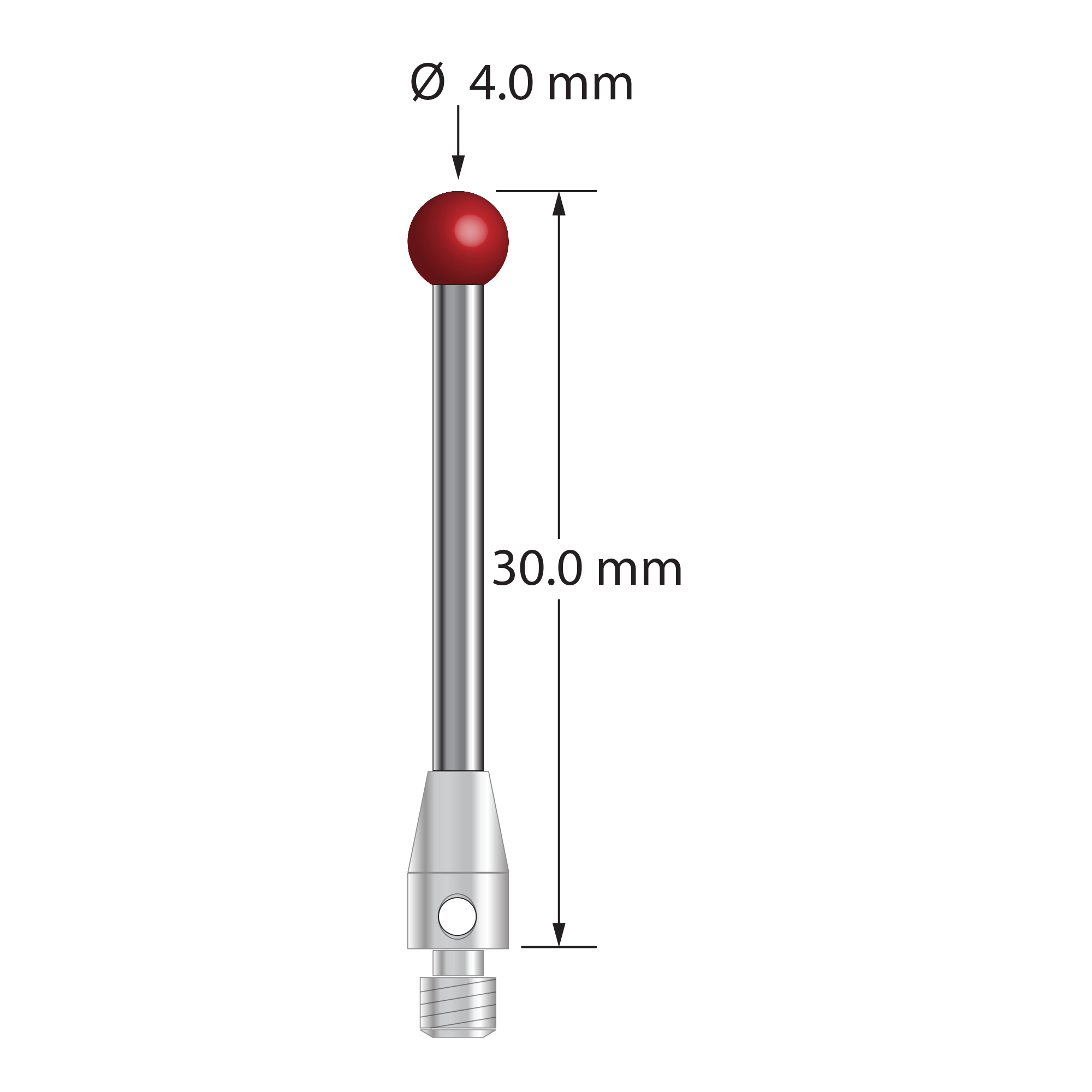 M3 stylus with 4.0 mm ruby ball, 2.0 mm diameter carbide stem, and 4.0 mm diameter x 7.0 mm long stainless steel base. Overall stylus length is 30.0 mm. Stylus weight is 1.71 grams.