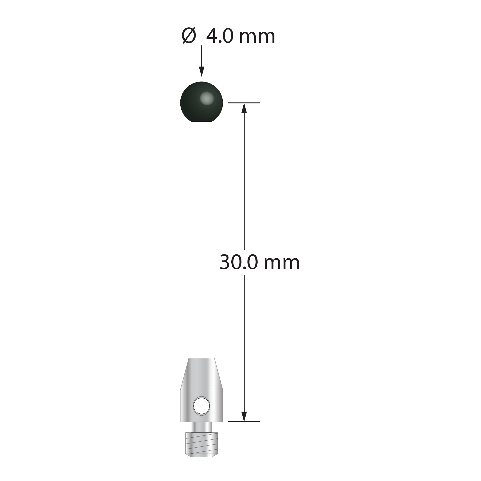 M3 stylus with 4.0 mm diameter silicon nitride ball, 2.0 mm diameter ceramic stem, and 4.0 mm diameter x 7.0 mm long stainless steel base. Stylus length to ball center is 30.0 mm. Stylus weight is 0.73 gram.
