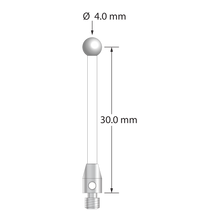 M3 stylus with 4.0 mm diameter zirconia ball, 2.0 mm diameter ceramic stem, and 4.0 mm diameter x 7.0 mm long stainless steel base. Stylus length to ball center is 30.0 mm. Stylus weight is 0.73 gram.