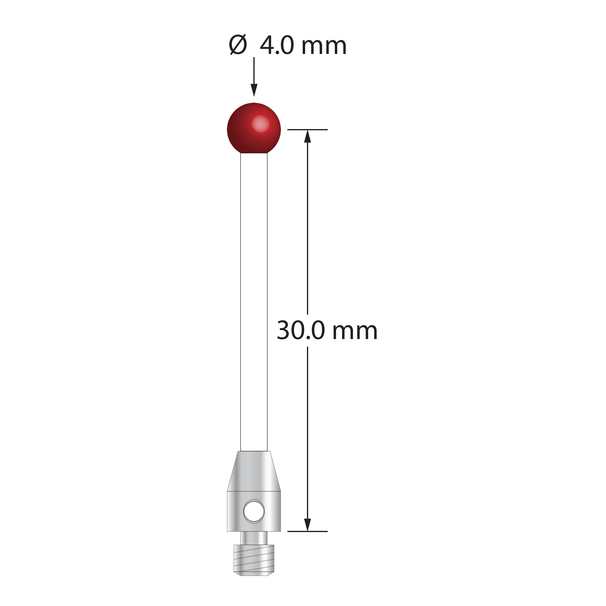 M3 stylus with 4.0 mm diameter ruby ball, 2.0 mm diameter ceramic stem, and 4.0 mm diameter x 7.0 mm long stainless steel base. Stylus length to ball center is 30.0 mm. Stylus weight is 0.73 gram. Compare to Zeiss 602030-8102-000 and Mitutoyo K651140.