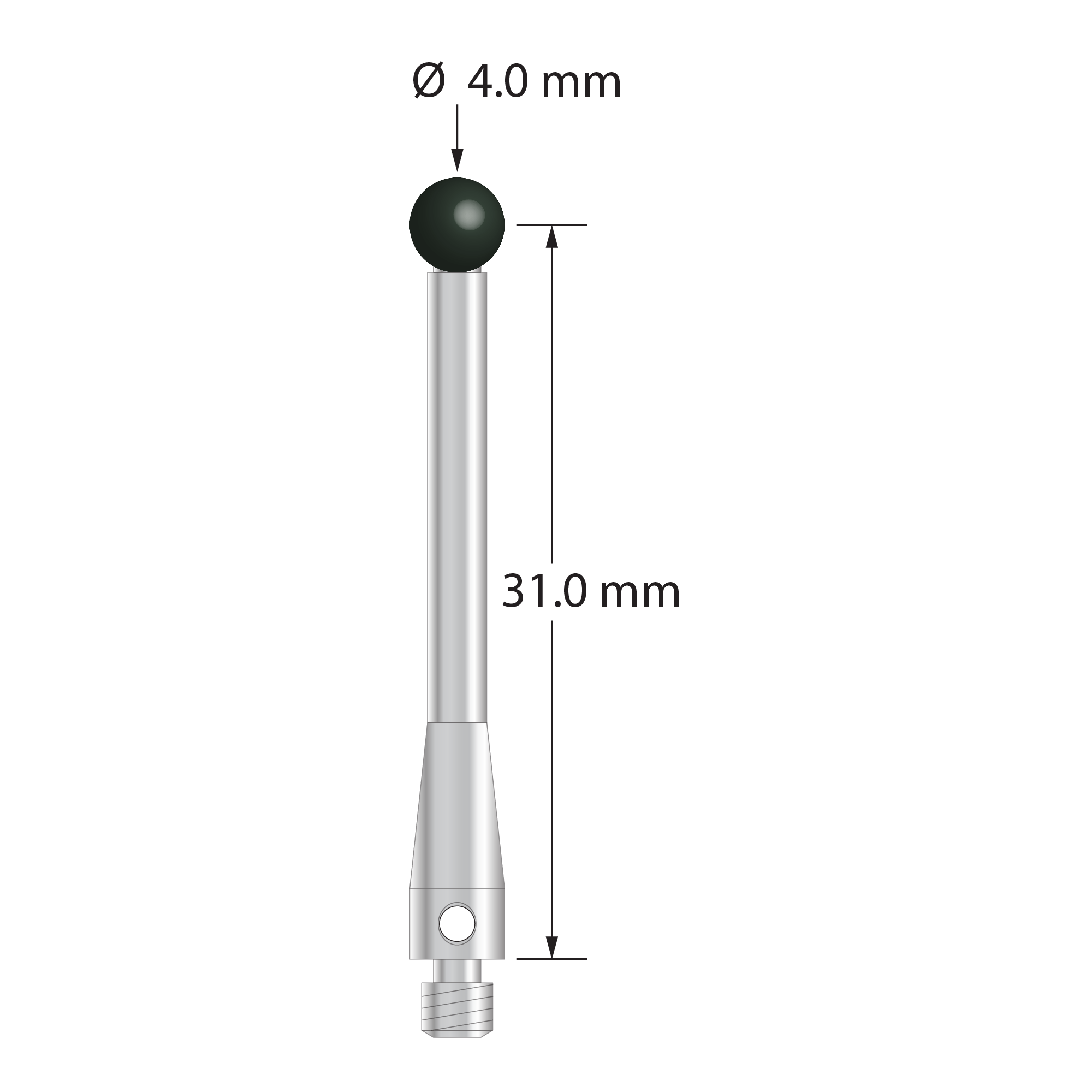 M3 stylus with 4.0 mm diameter silicon nitride ball, 2.5 mm diameter stainless steel stem, and 4.0 mm diameter x 10.0 mm long stainless steel base. Stylus length to ball center is 31.0 mm. Weight is 2.00 grams.