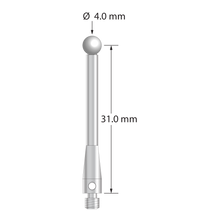 M3 stylus with 4.0 mm diameter zirconia ball, 2.5 mm diameter stainless steel stem, and 4.0 mm diameter x 10.0 mm long stainless steel base. Stylus length to ball center is 31.0 mm. Weight is 2.00 grams.