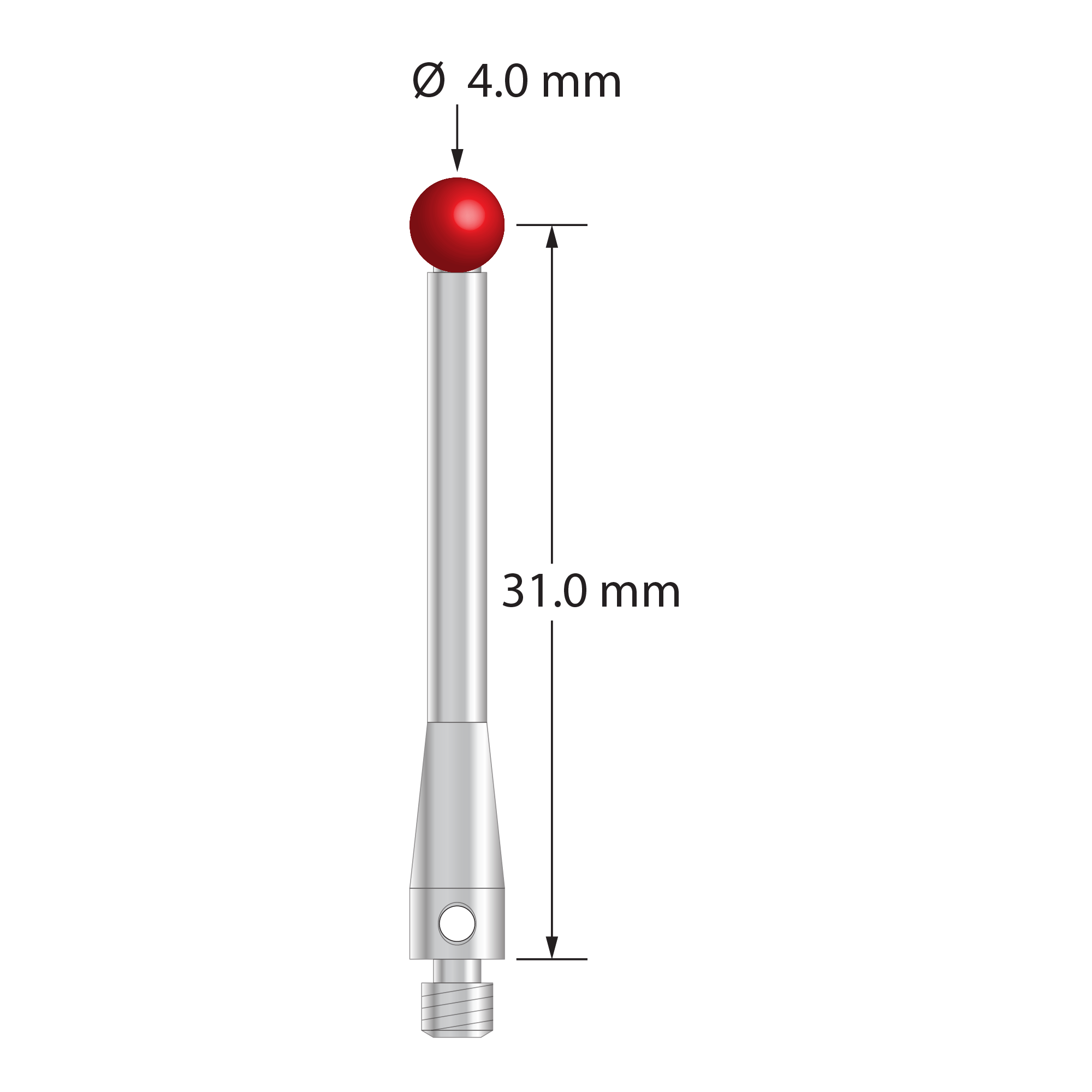 M3 stylus with 4.0 mm diameter ruby ball, 2.5 mm diameter stainless steel stem, and 4.0 mm diameter stainless steel base. Stylus length to ball center is 31.0 mm. Weight is 2.00 grams. Compare to Renishaw A-5000-3554 and Mitutoyo K651151.