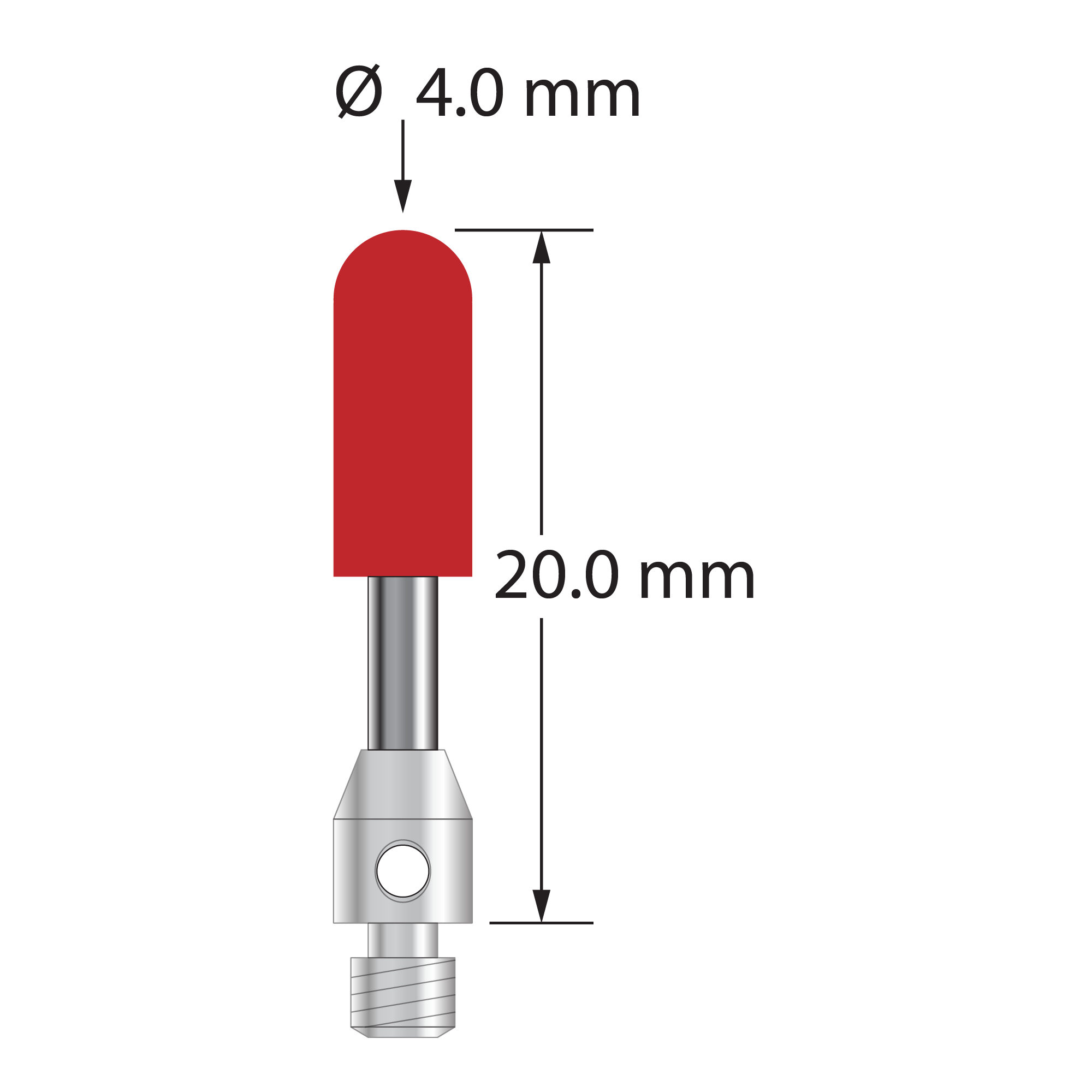 M3 cylinder stylus with 4.0 mm diameter x 10.0 mm long ruby cylinder, 2.0 mm diameter carbide stem, and 4.0 mm diameter x 5.0 mm long stainless steel base. Overall stylus length is 20.0 mm. Stylus weight is 1.30 gram.
