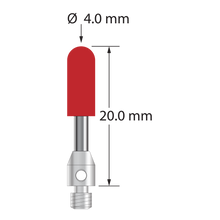 M3 cylinder stylus with 4.0 mm diameter x 10.0 mm long ruby cylinder, 2.0 mm diameter carbide stem, and 4.0 mm diameter x 5.0 mm long stainless steel base. Overall stylus length is 20.0 mm. Stylus weight is 1.30 gram.
