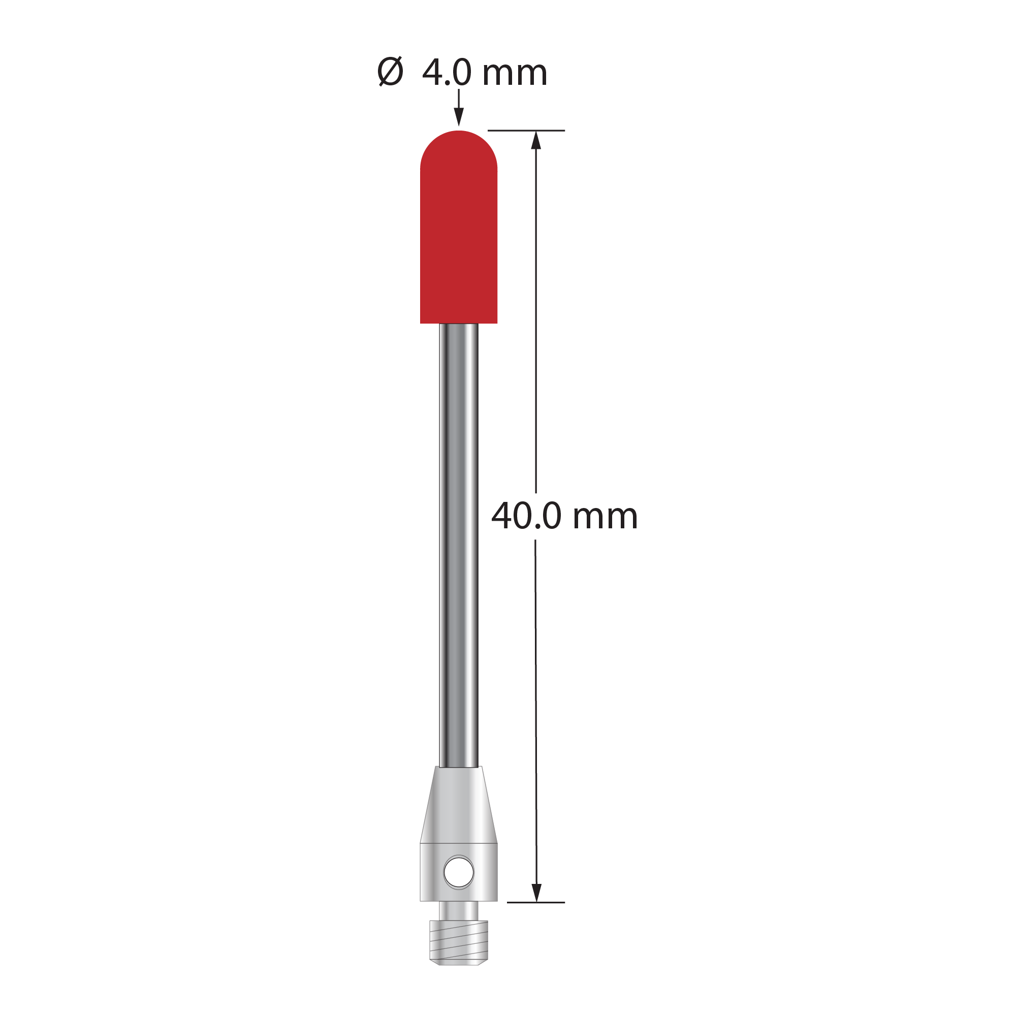 M3 stylus with 4.0 mm diameter x 10.0 mm long ruby cylinder, 2.0 mm carbide stem, and 4.0 mm diameter x 7.0 mm long stainless steel base. Overall stylus length is 40.0 mm. Stylus weight is 2.20 grams.