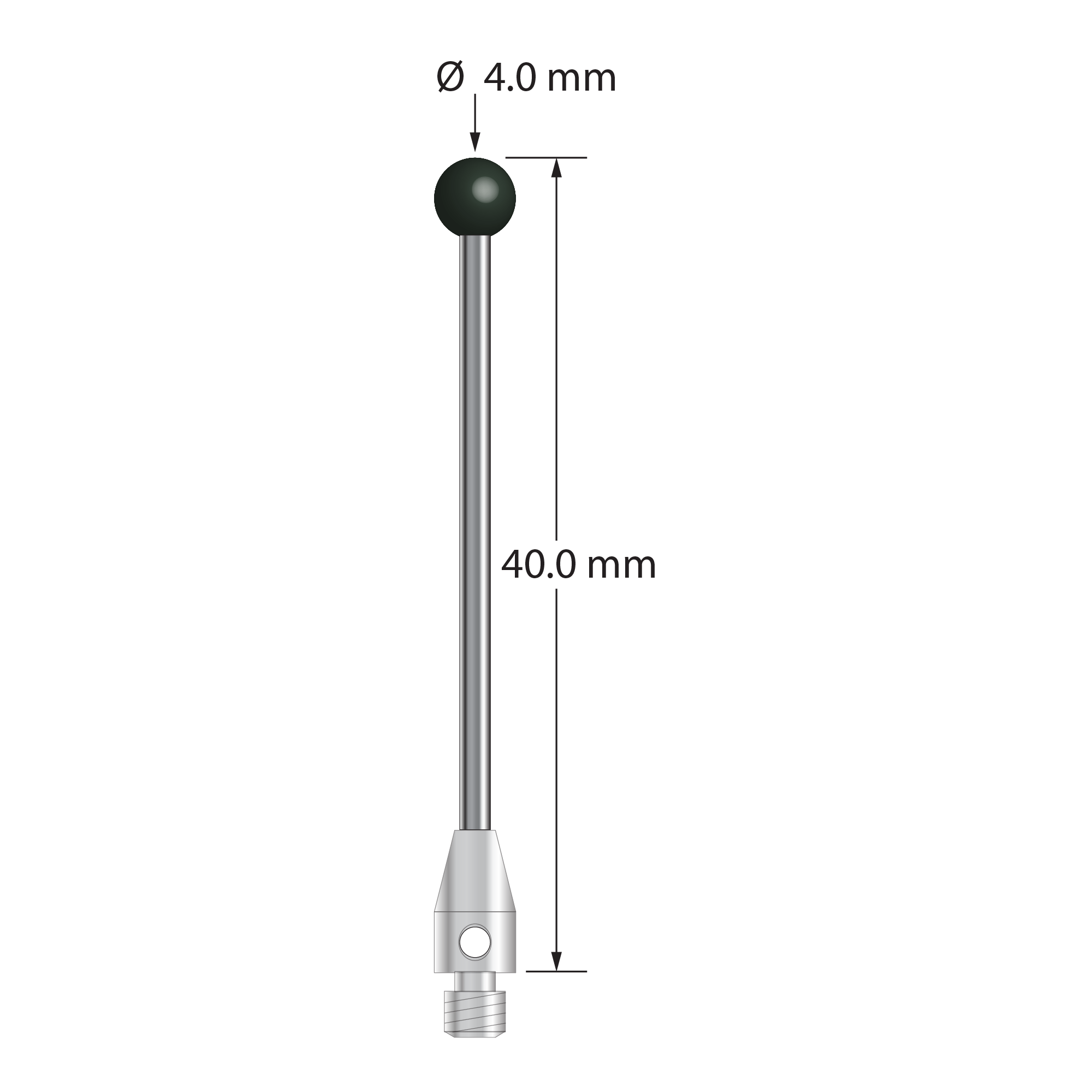 M3 stylus with 4.0 mm silicon nitride ball, 2.0 mm diameter carbide stem, and 4.0 mm diameter x 7.0 mm long stainless steel base. Overall stylus length is 40.0 mm. Stylus weight is 1.94 grams.