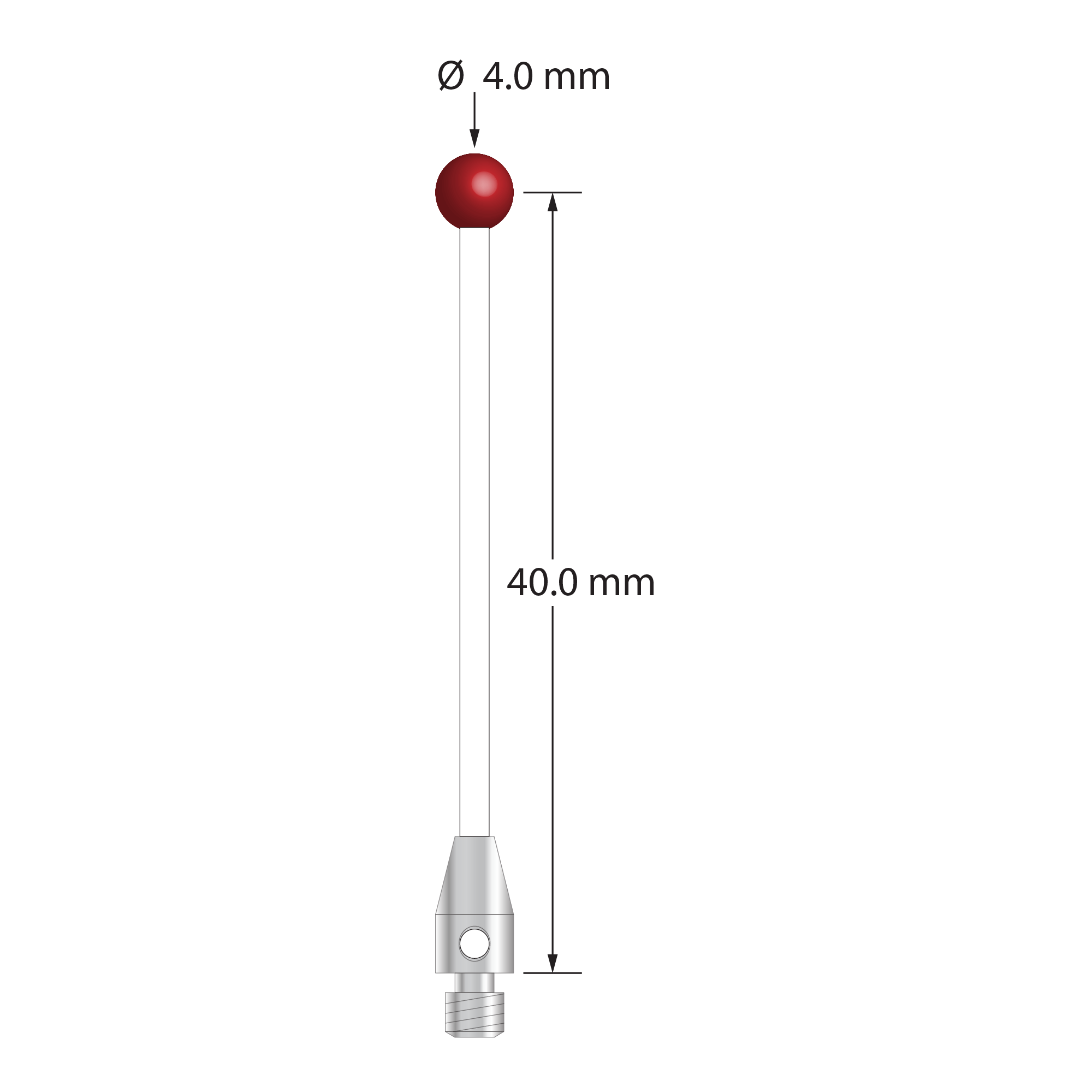 M3 stylus with 4.0 mm diameter ruby ball, 2.0 mm diameter ceramic stem, and 4.0 mm diameter by 7.0 mm long stainless steel base. Stylus length to ball center is 40.0 mm. Stylus weight is 1.13 grams. Compare to Renishaw A-5004-0154 and Mitutoyo K651141.