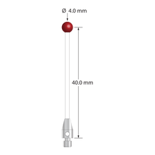 M3 stylus with 4.0 mm diameter ruby ball, 2.0 mm diameter ceramic stem, and 4.0 mm diameter by 7.0 mm long stainless steel base. Stylus length to ball center is 40.0 mm. Stylus weight is 1.13 grams. Compare to Renishaw A-5004-0154 and Mitutoyo K651141.