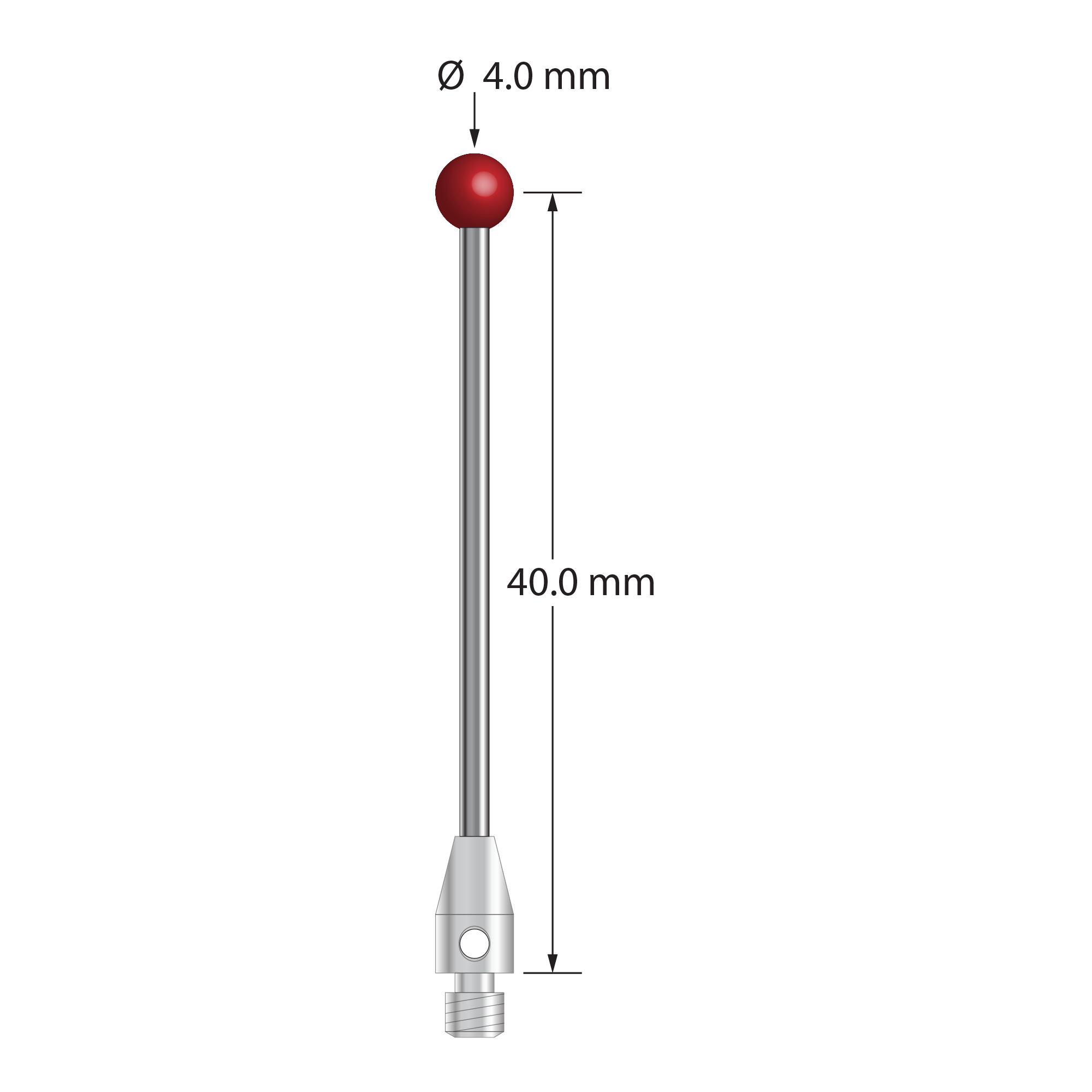 M3 stylus with 4.0 mm ruby ball, 2.0 mm diameter carbide stem, and 4.0 mm diameter x 7.0 mm long stainless steel base. Stylus length to ball center is 40.0 mm. Stylus weight is 2.03 grams. Compare to Renishaw A-5003-0060 and Mitutoyo K651130.