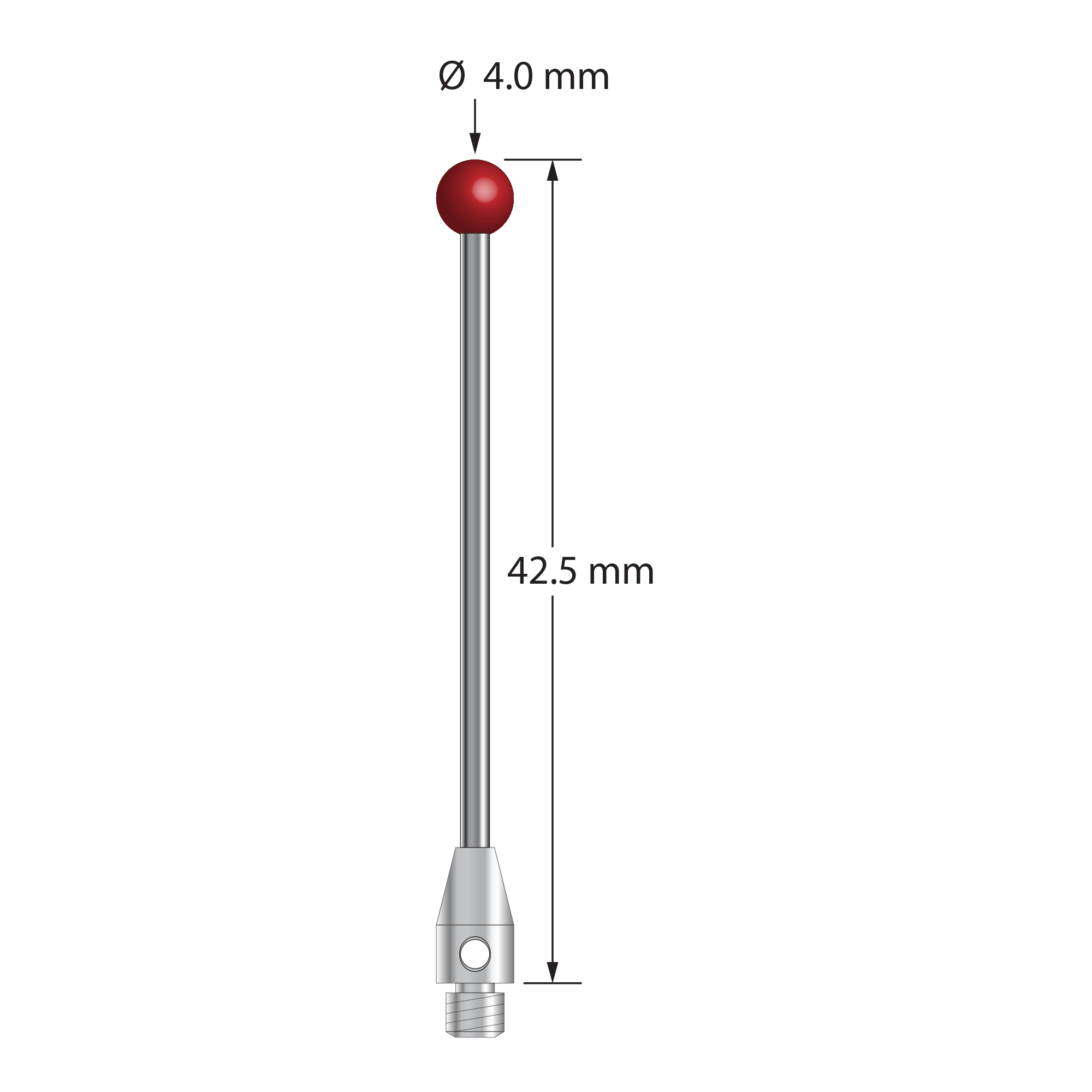 TM3-4042.5 M3 stylus with 4.0mm ruby ball, carbide stem, and stainless steel base, 42.5mm long.