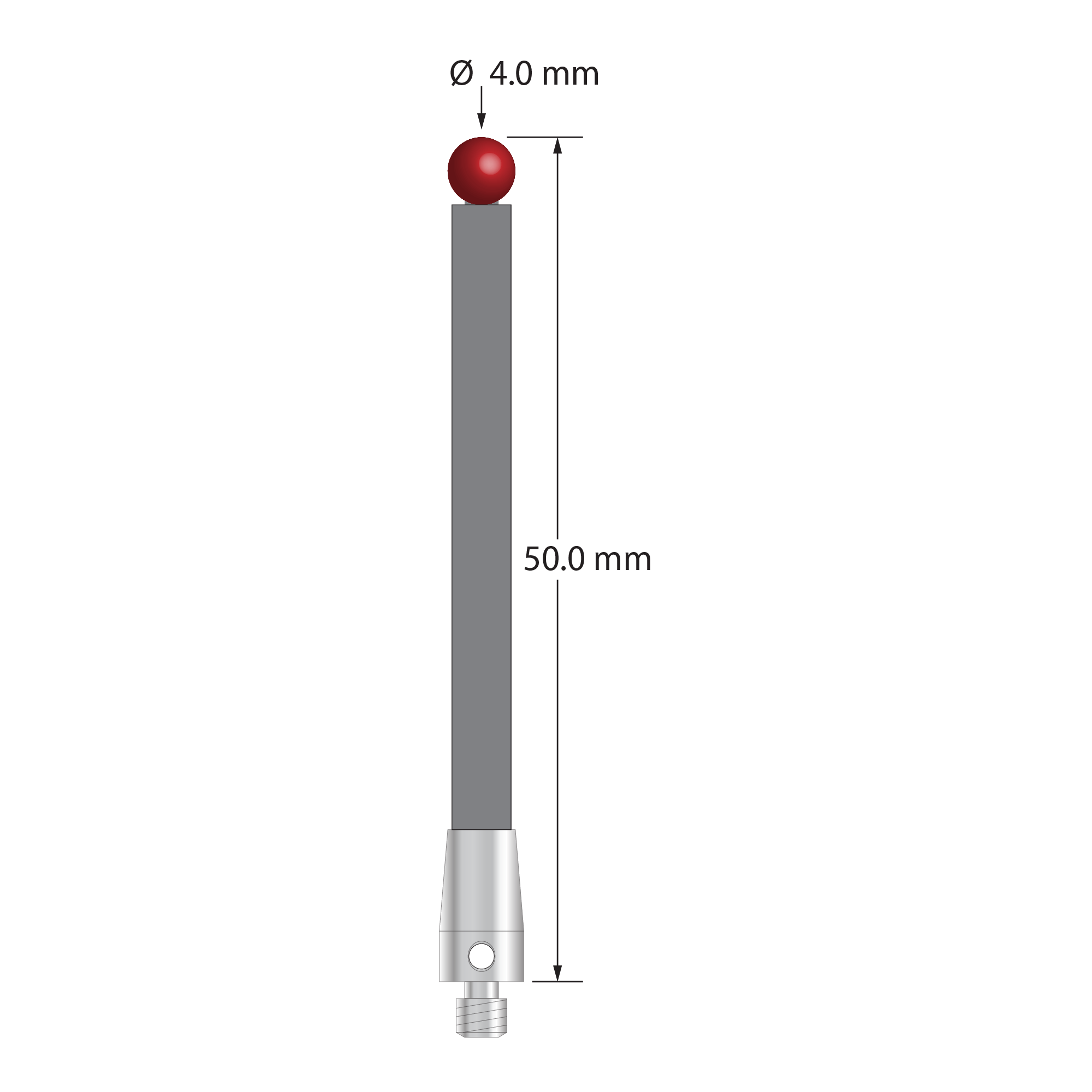 M3 XXT stylus with 4.0 mm diameter ruby ball, 3.5 mm diameter carbon fiber stem, and 5.0 mm diameter x 9.0 mm long titanium base. Overall stylus length is 50.0 mm. Stylus weight is 1.16 gram. Compare to Zeiss 626103-0400-050.