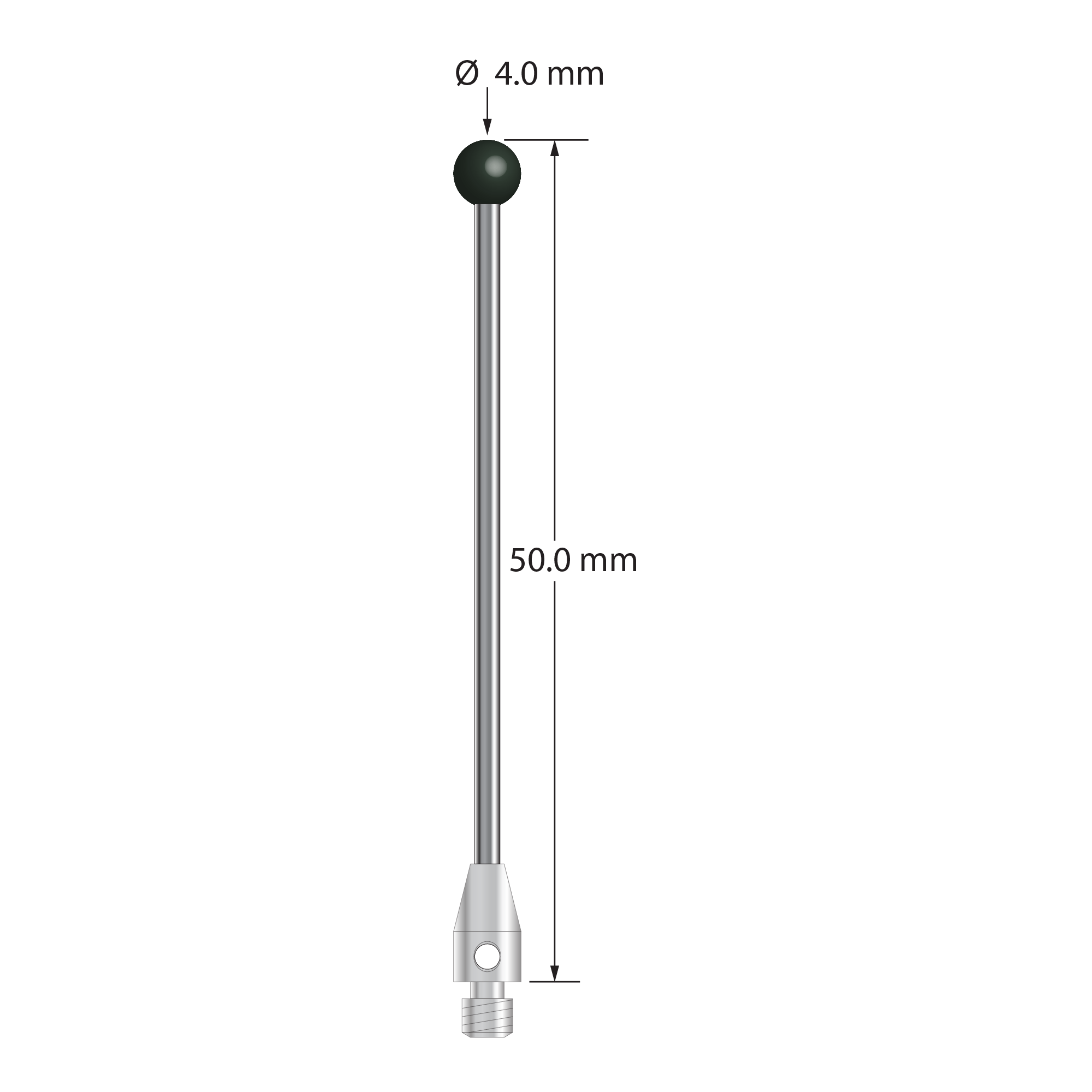 M3 stylus with 4.0 mm silicon nitride ball, 2.0 mm diameter carbide stem, and 4.0 mm diameter x 7.0 mm long stainless steel base. Overall stylus length is 50.0 mm. Stylus weight is 2.58 grams.