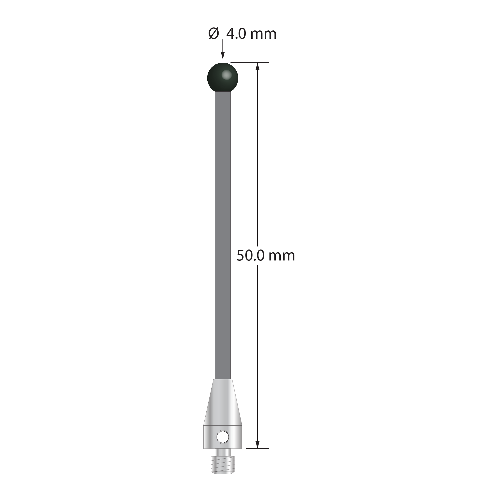 M3 stylus with 4.0 mm diameter silicon nitride ball, 2.0 mm diameter carbon fiber stem, and 5.0 mm diameter x 9.0 mm long titanium base. Overall stylus length is 50.0 mm. Stylus weight is 0.73 gram. Compare to Zeiss 626103-0402-050.