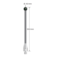 M3 stylus with 4.0 mm diameter silicon nitride ball, 2.0 mm diameter carbon fiber stem, and 5.0 mm diameter x 9.0 mm long titanium base. Overall stylus length is 50.0 mm. Stylus weight is 0.73 gram. Compare to Zeiss 626103-0402-050.