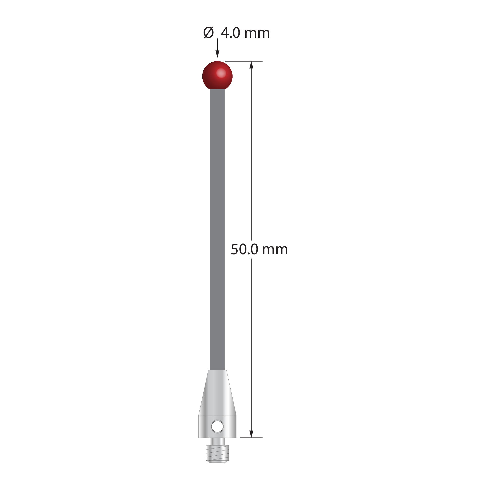 M3 stylus with 4.0 mm diameter ruby ball, 2.0 mm diameter carbon fiber stem, and 5.0 mm diameter x 9.0 mm long titanium base. Overall stylus length is 50.0 mm. Stylus weight is 0.73 gram. Compare to Zeiss 626103-0401-050 and Renishaw A-5004-2786.